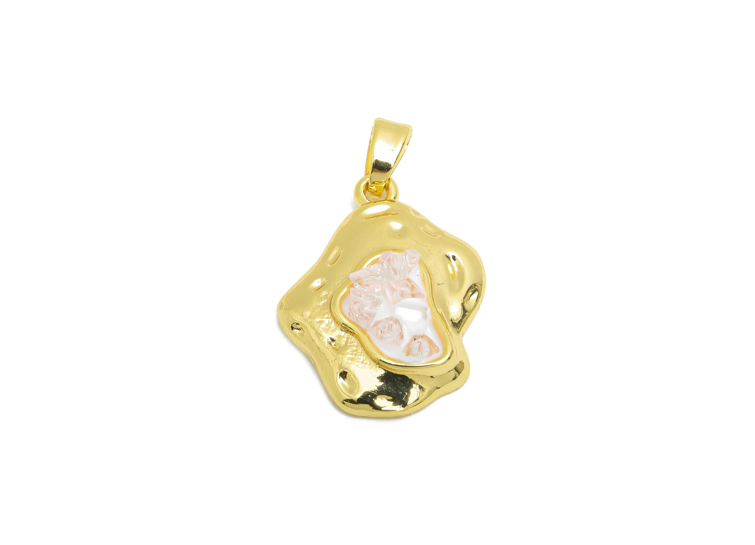 Brass Abstract Floral Pendant - Shimmering Enamel Crystals Pendant - Irregular Organic Jewelry - 18K Real Gold Plated -20x15x4mm - RGP10653 - DOMEDBAZAAR
