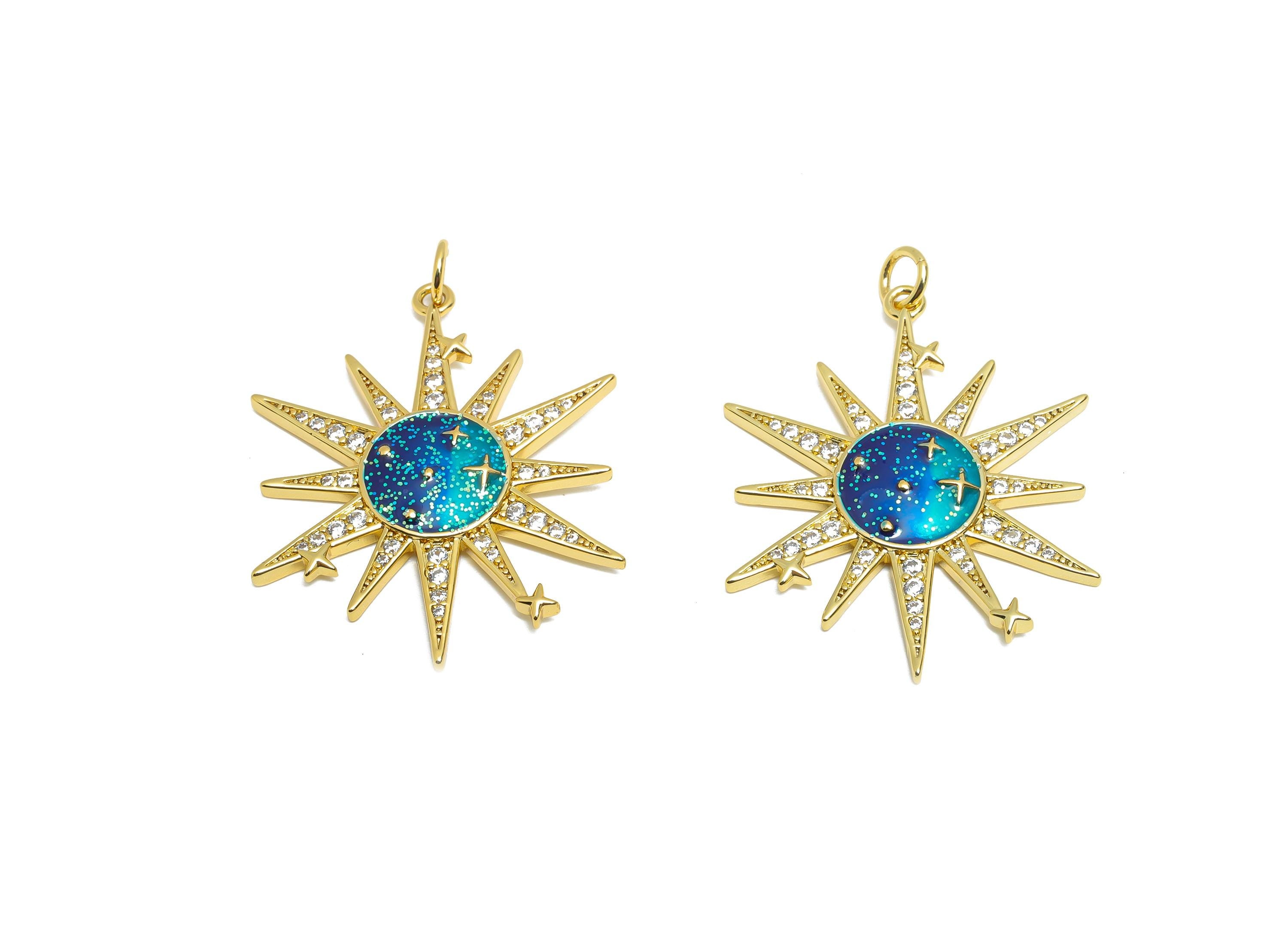 Sparkling CZ Sun Charm - Brass Dainty Enamel Artistic Pendant - Glamorous Gold Jewelry - 18K Real Gold Plated - 26.55x32.84x3mm - RGP10564 - DOMEDBAZAAR