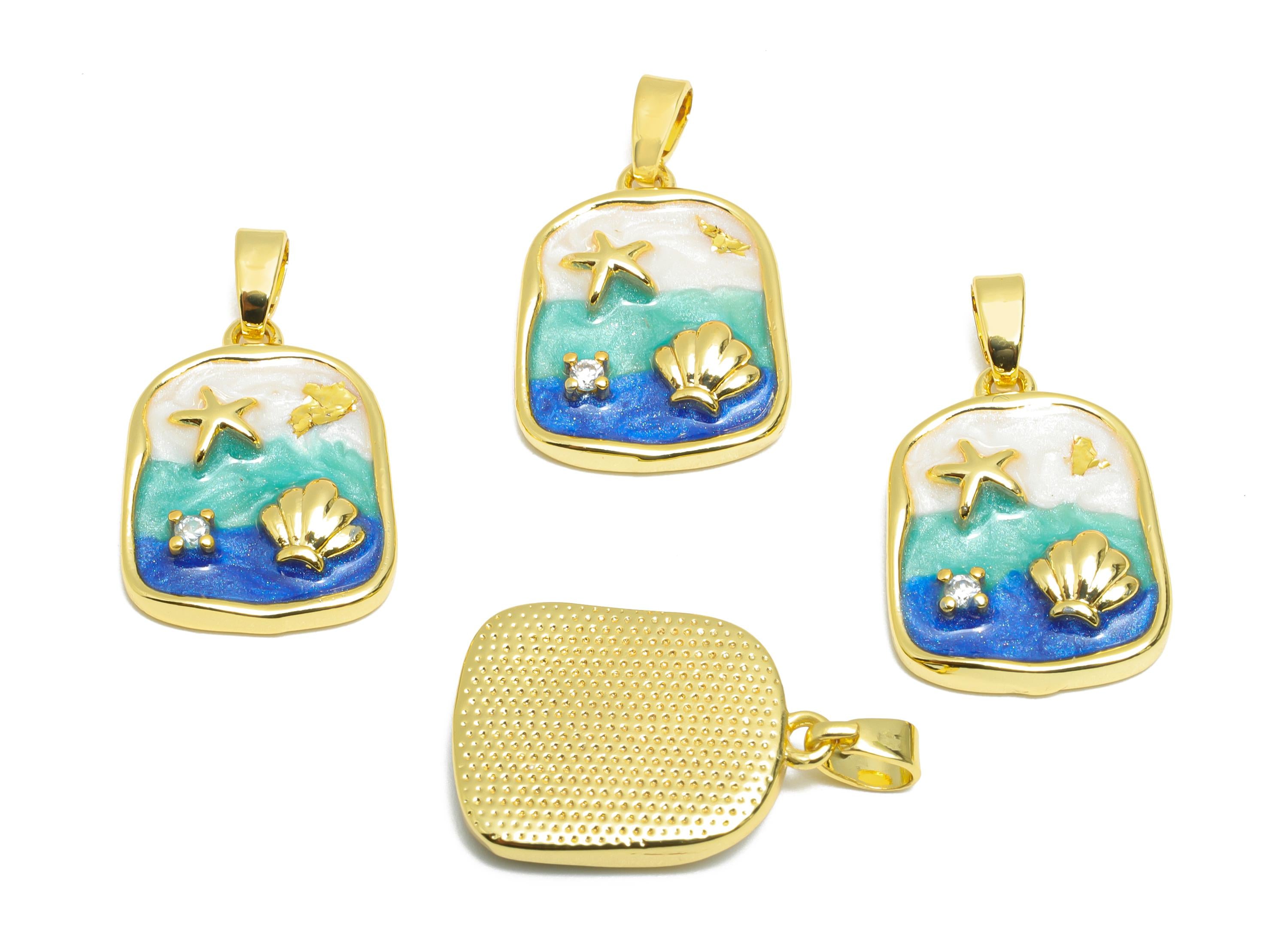 Gold Marine Pendant - Brass Dainty Enamel Cubic Zircon - Rectangle Ocean Earring Pendant - 18K Real Gold Plated - 20x14x3.67mm - RGP10648 - DOMEDBAZAAR