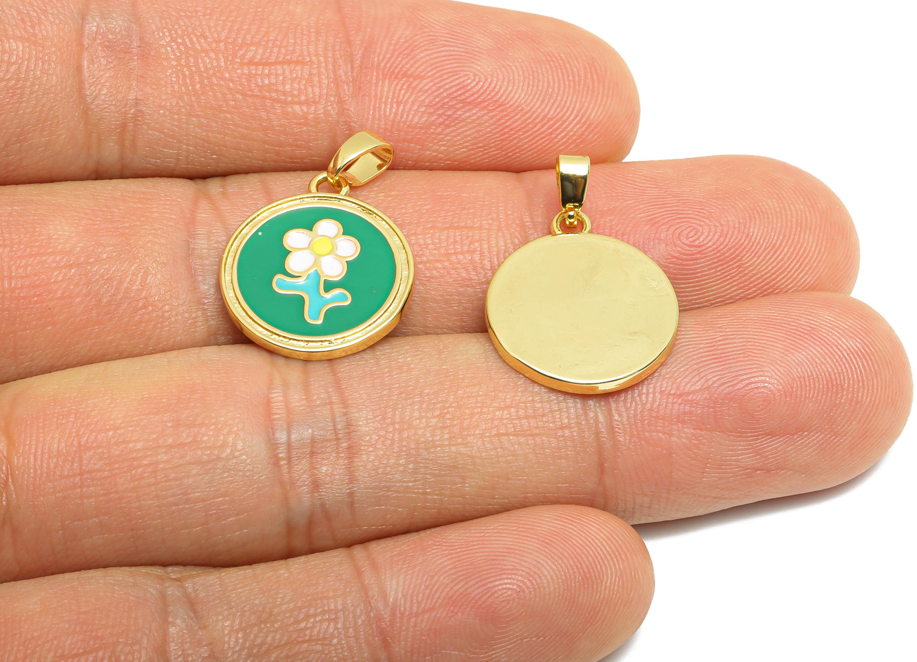 Round Flower Pendant - Dainty Gold Brass Enamel Pendant - Romantic Necklace Pendant - 18K Real Gold Plated - 18.35x15.86x1.71mm - RGP10689 - DOMEDBAZAAR