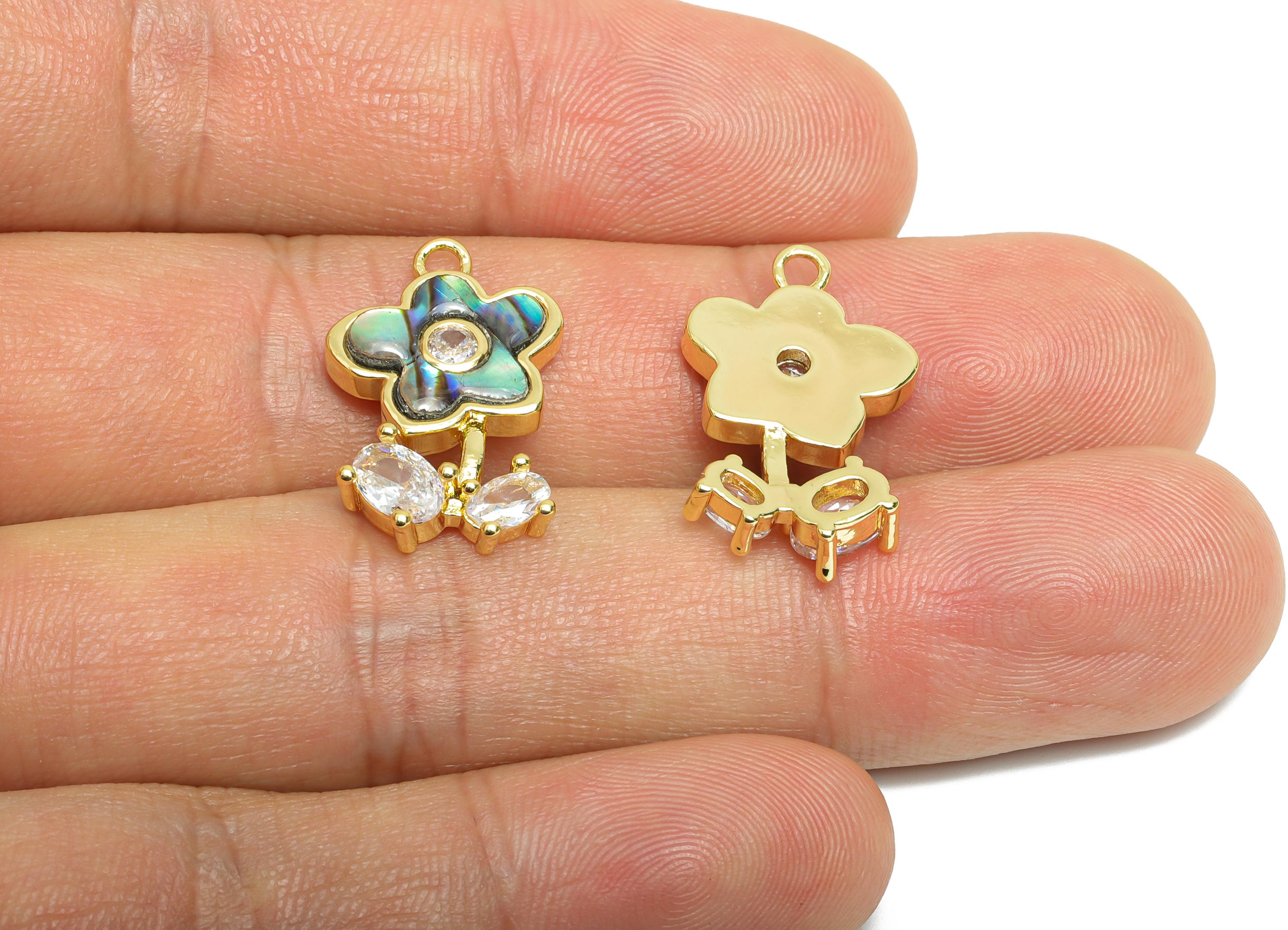 Brass Flower Earring Charm - Gold Zircon Abalone Shell Pendant- Elegant Flower Charm for Necklace -18K Gold Plated-21.4x13.8x4.04mm- RGP9624 - DOMEDBAZAAR