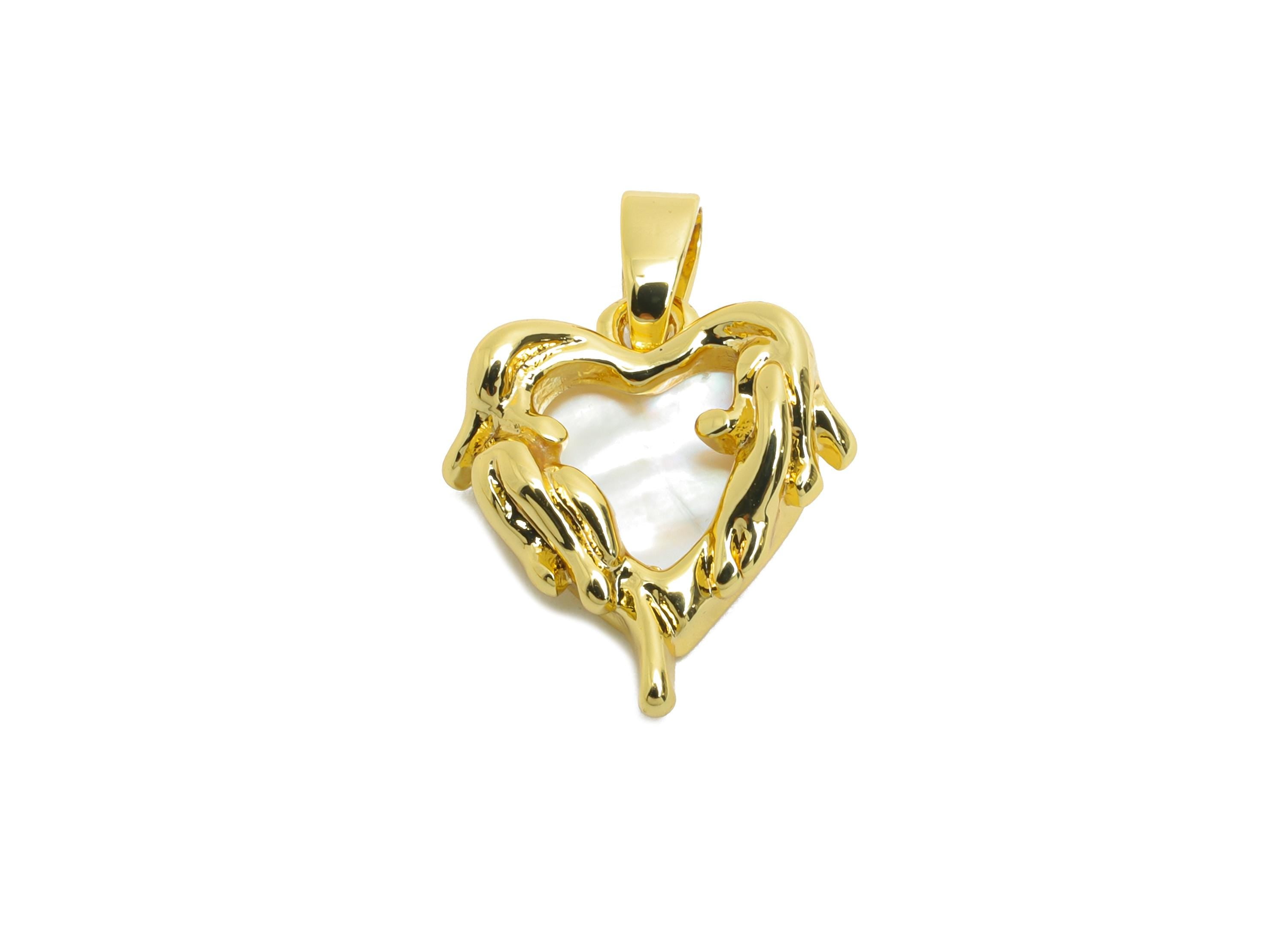 Gold Heart Pendant - Brass Dainty Angel Wing Pearl Pendant - Vintage Pendant - for Necklace - 18K Real Gold Plated - 15x13x3mm - RGP10659 - DOMEDBAZAAR