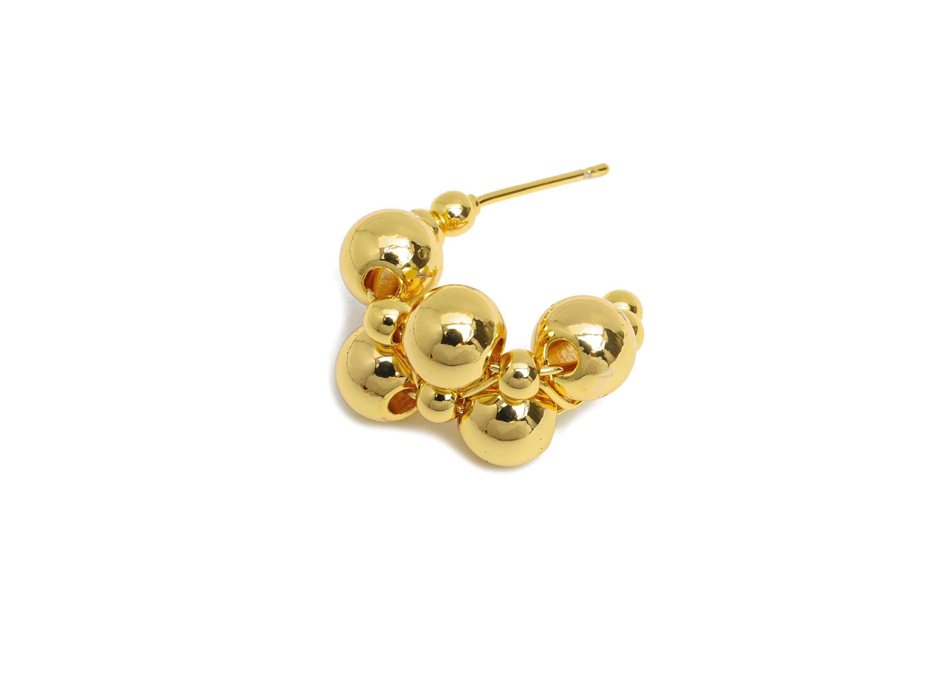 Gold Ball Cluster Earring Stud - Brass Beaded Bubbles C Earring Post - Geometric Cluster Jewelry -18K Real Gold Plated - 21x15x12mm -RGP9533 - DOMEDBAZAAR