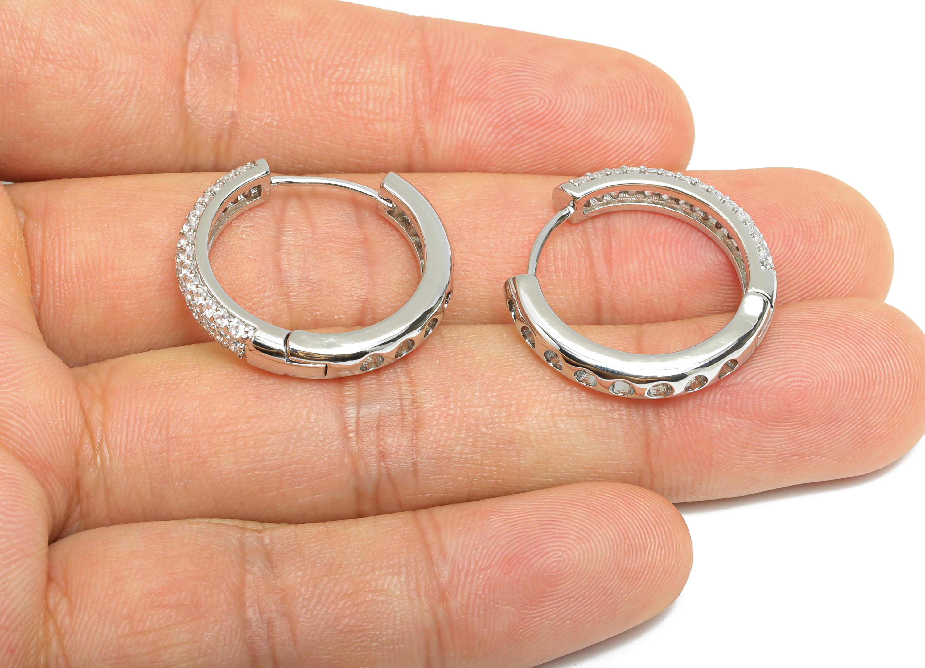 Brass Round Hoop Earring - Silver Thick Hoop Earrings with Zircon - Huggie Hoop Earring - 18K White Gold Plated - 24.2x24.2x1.4mm - RGP9565S - DOMEDBAZAAR