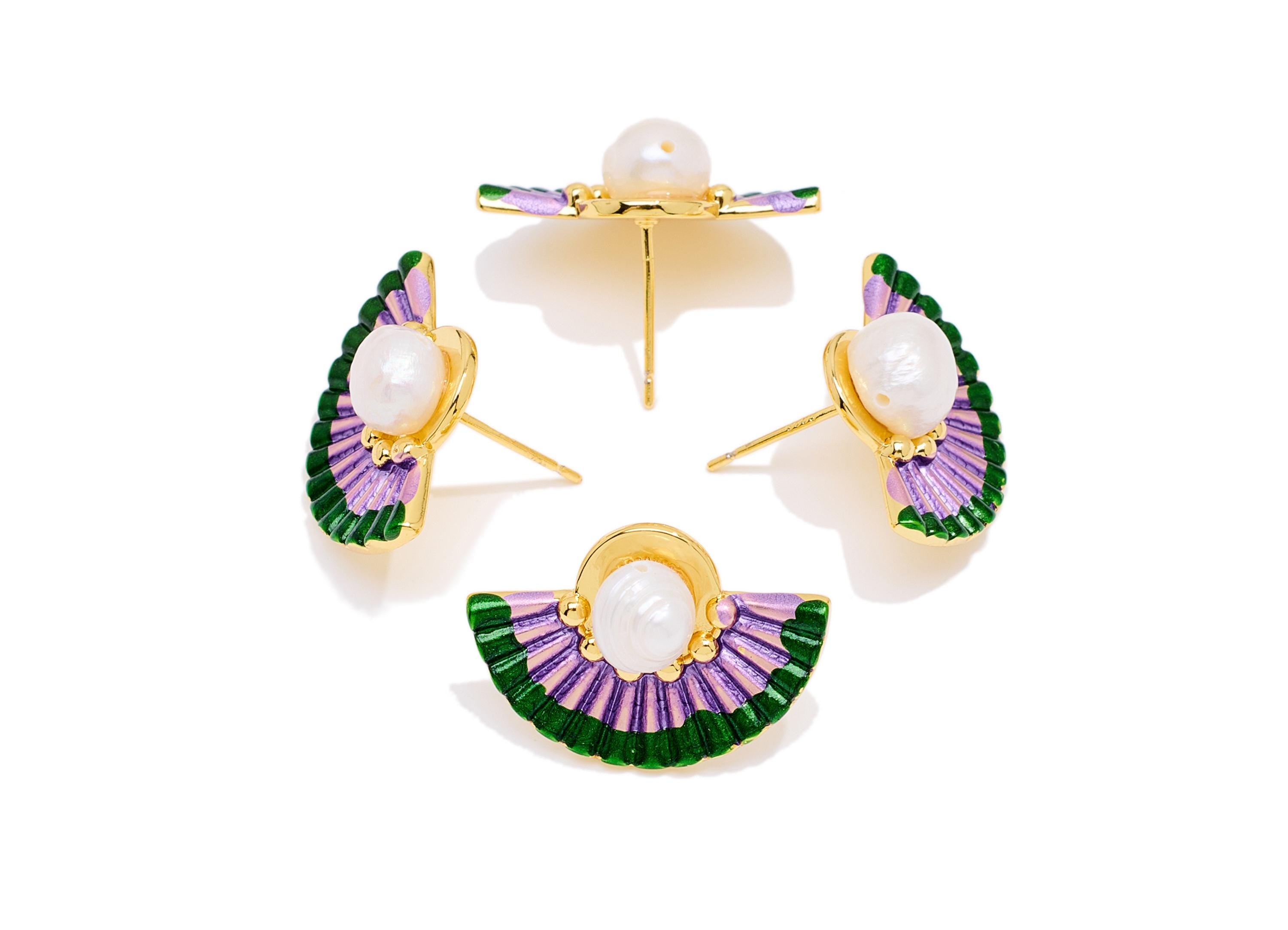 Brass Fan Earring Post - Enamel Bold Color Earring Stud - Colorful Earring Stud With Pearl - 18K Real Gold-Plated - 22x15x7.15mm - RGP10620 - DOMEDBAZAAR