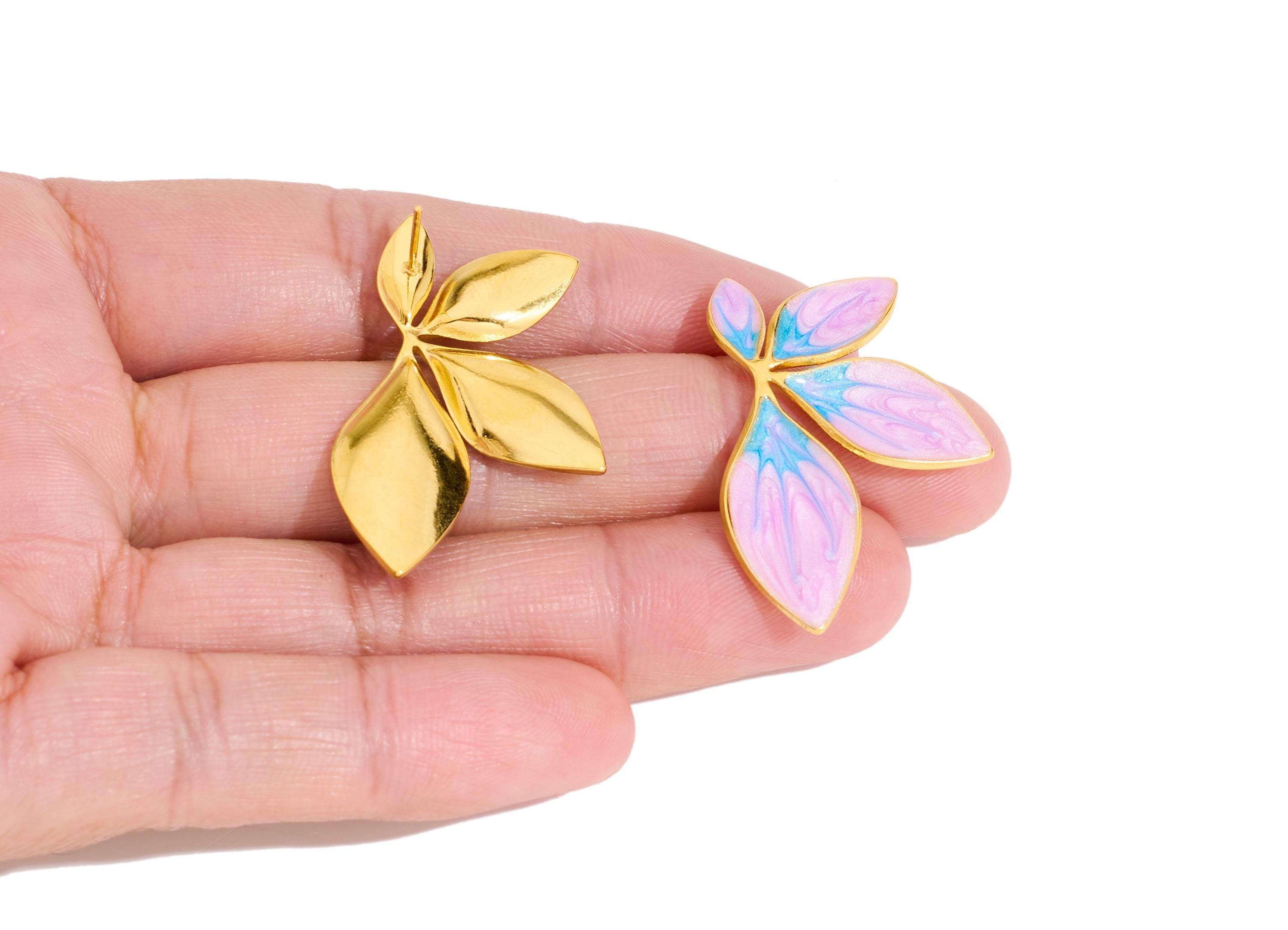 Stainless Steel Floral Stud - Gold Enamel Flower Earring Post - Modern Steel Earring Stud - Gold Vacuum Plated - 34.41x20.85x1.9mm - SS2238 - DOMEDBAZAAR