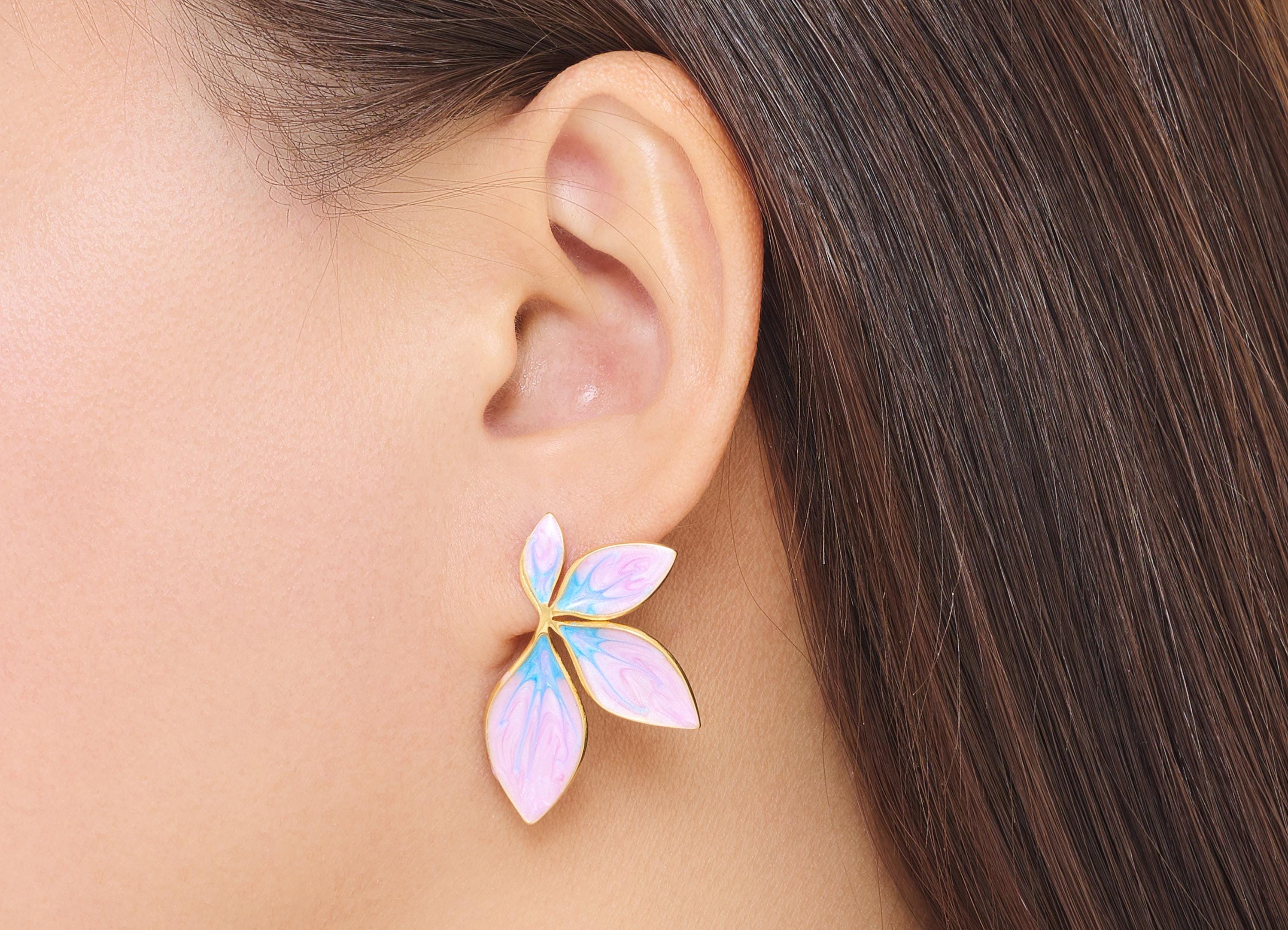 Stainless Steel Floral Stud - Gold Enamel Flower Earring Post - Modern Steel Earring Stud - Gold Vacuum Plated - 34.41x20.85x1.9mm - SS2238 - DOMEDBAZAAR