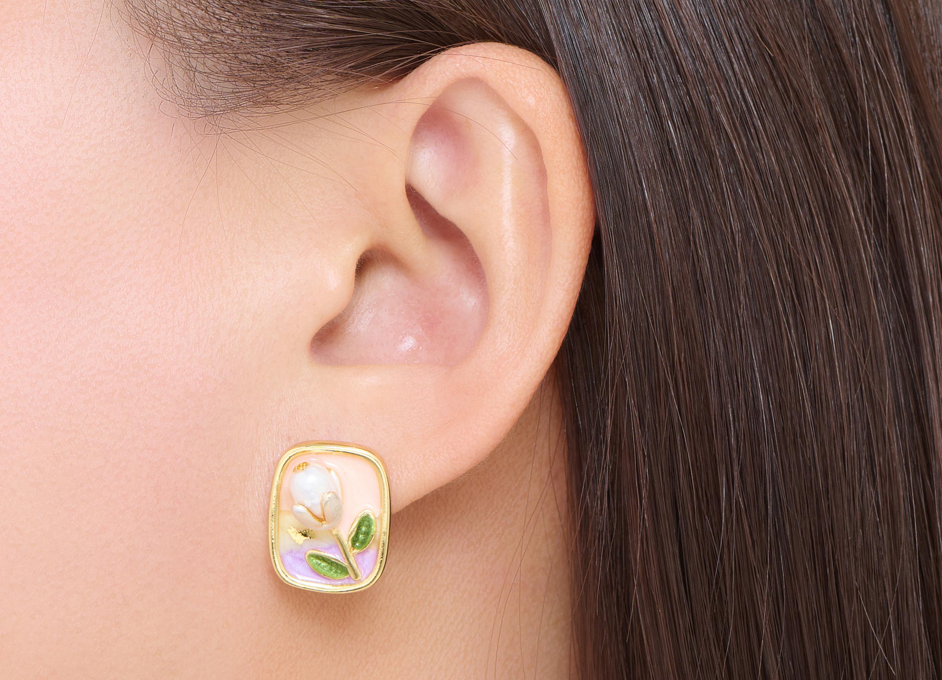 Brass Floral Earring Post - Artisan Enamel Summer Earring Stud - Colorful Earring Pearl Stud - 18K Real Gold-Plated - 18x14x7mm - RGP10619 - DOMEDBAZAAR