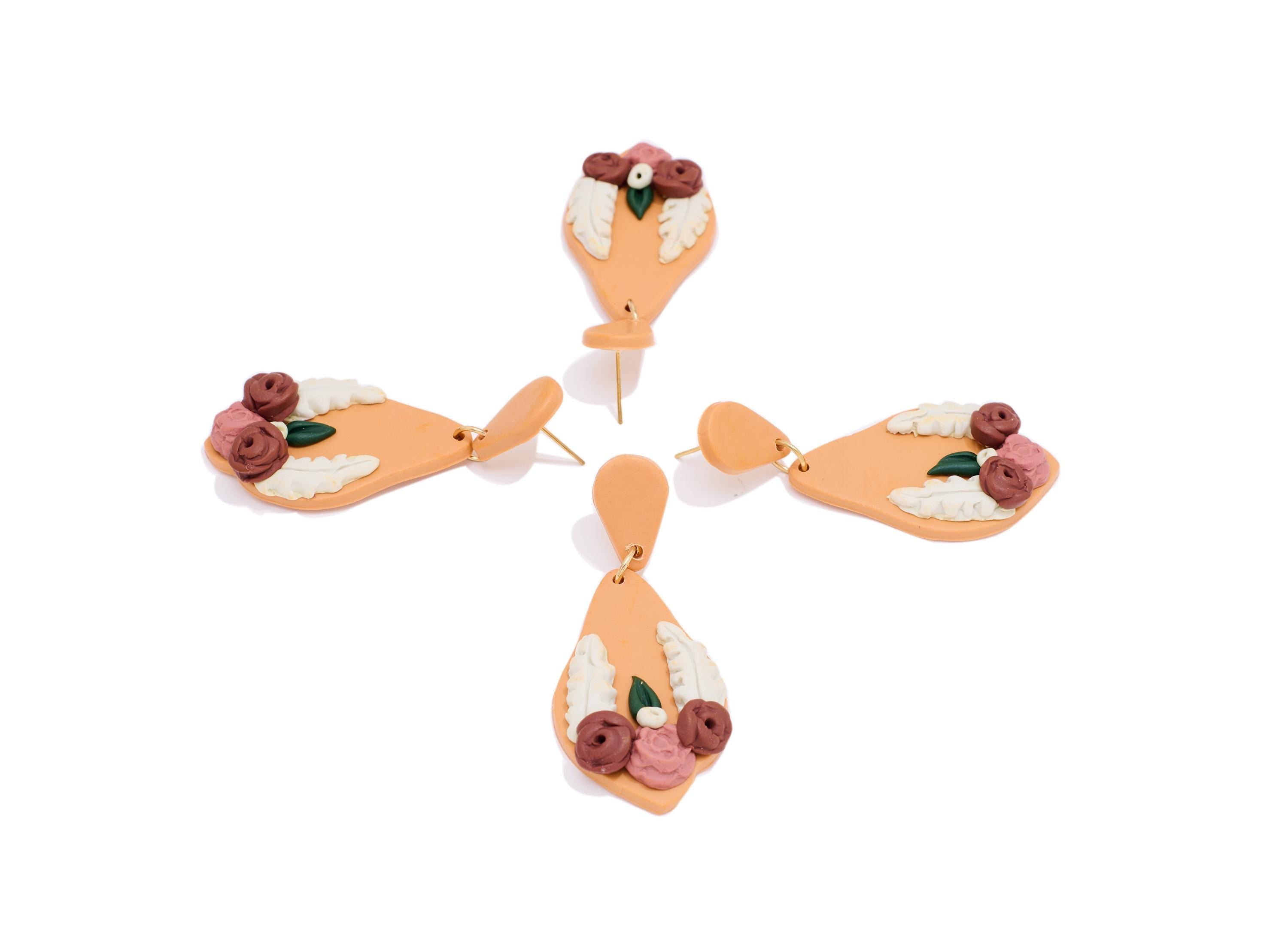 Polymer Clay Earring Stud - Artistic Dangle Polymer Clay Post - Modern 3D Floral Details Jewelry - Handcrafted Stud - 60x24x6.27mm - PC2419 - DOMEDBAZAAR