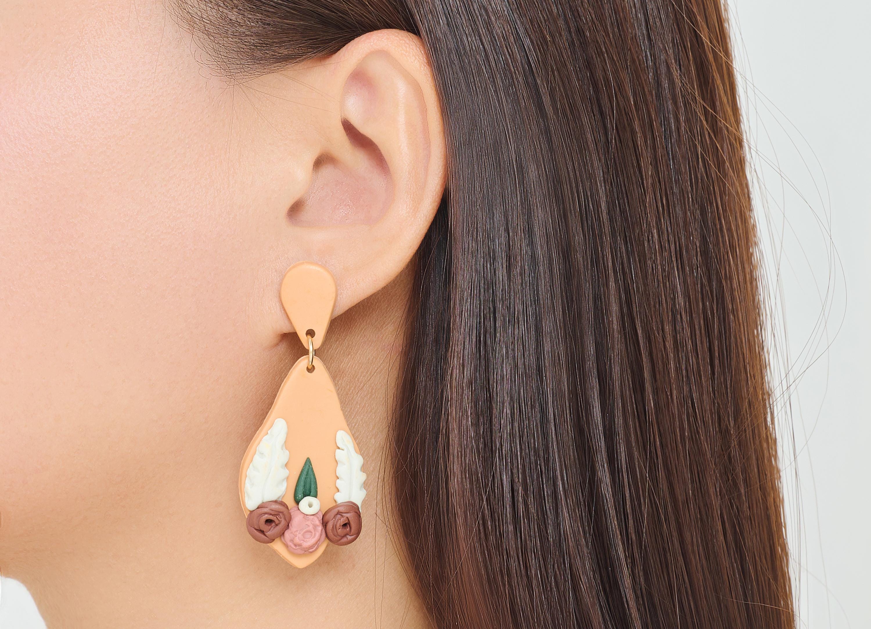 Polymer Clay Earring Stud - Artistic Dangle Polymer Clay Post - Modern 3D Floral Details Jewelry - Handcrafted Stud - 60x24x6.27mm - PC2419 - DOMEDBAZAAR