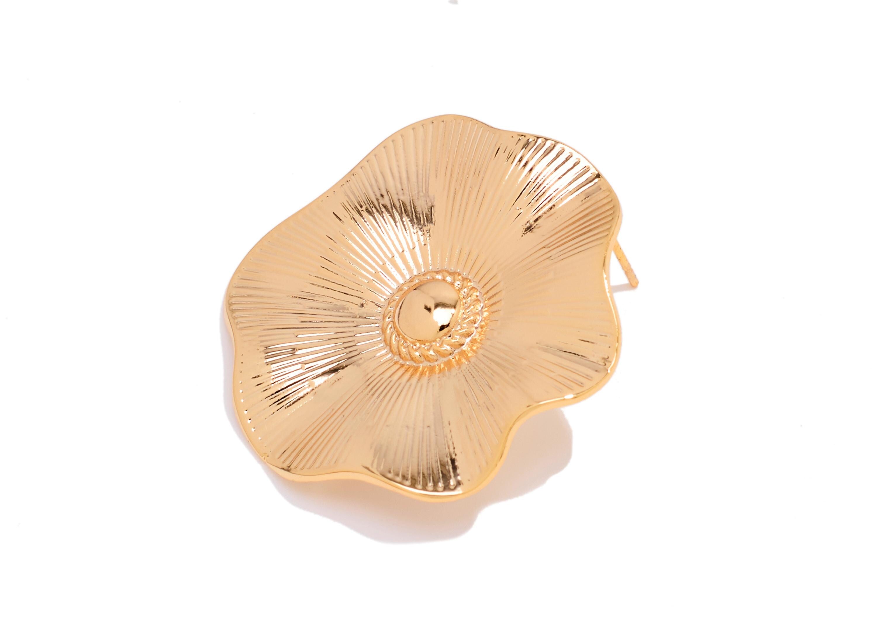 Brass Floral Earring Post - Textured Flower Botanical Earring Stud - Bold Gold Floral Jewelry - 18K Real Gold Plated - 33x30x1mm - RGP10416 - DOMEDBAZAAR