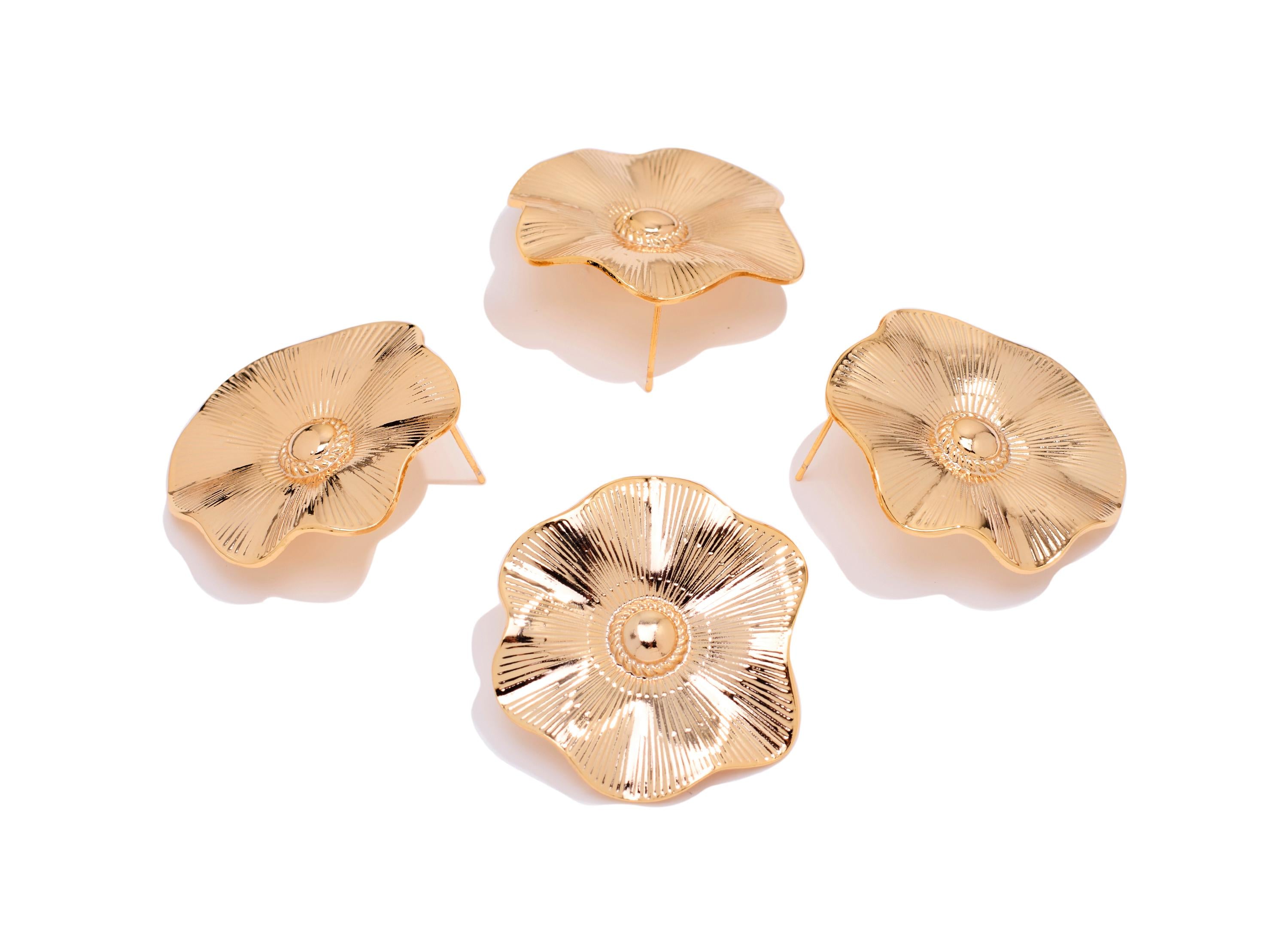 Brass Floral Earring Post - Textured Flower Botanical Earring Stud - Bold Gold Floral Jewelry - 18K Real Gold Plated - 33x30x1mm - RGP10416 - DOMEDBAZAAR