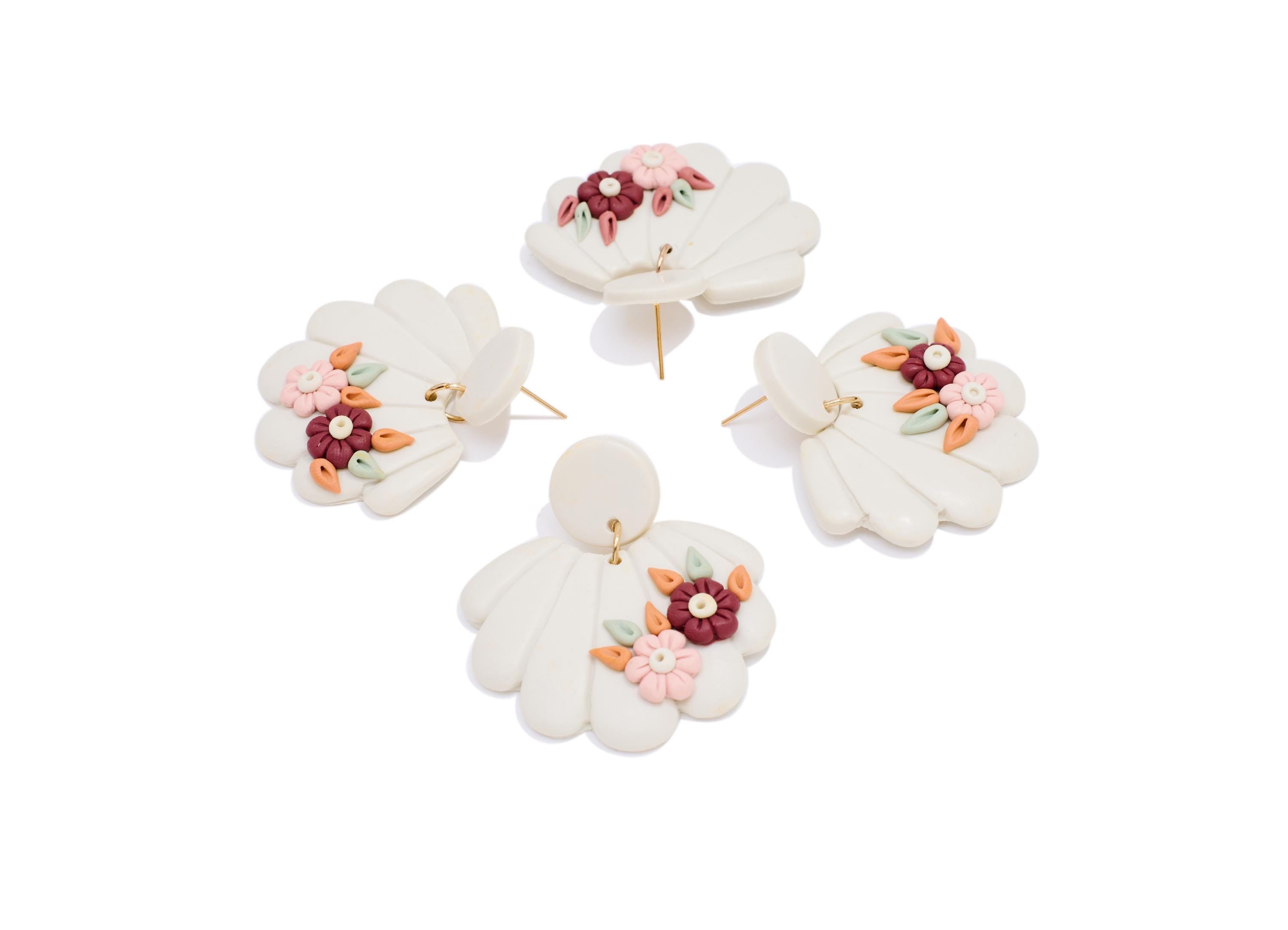 Polymer Clay Earring Stud - Shell Dangle Polymer Clay Post - Modern 3D Floral Details Jewelry - Handcrafted Stud - 44x43x6.15mm - PC2371 - DOMEDBAZAAR