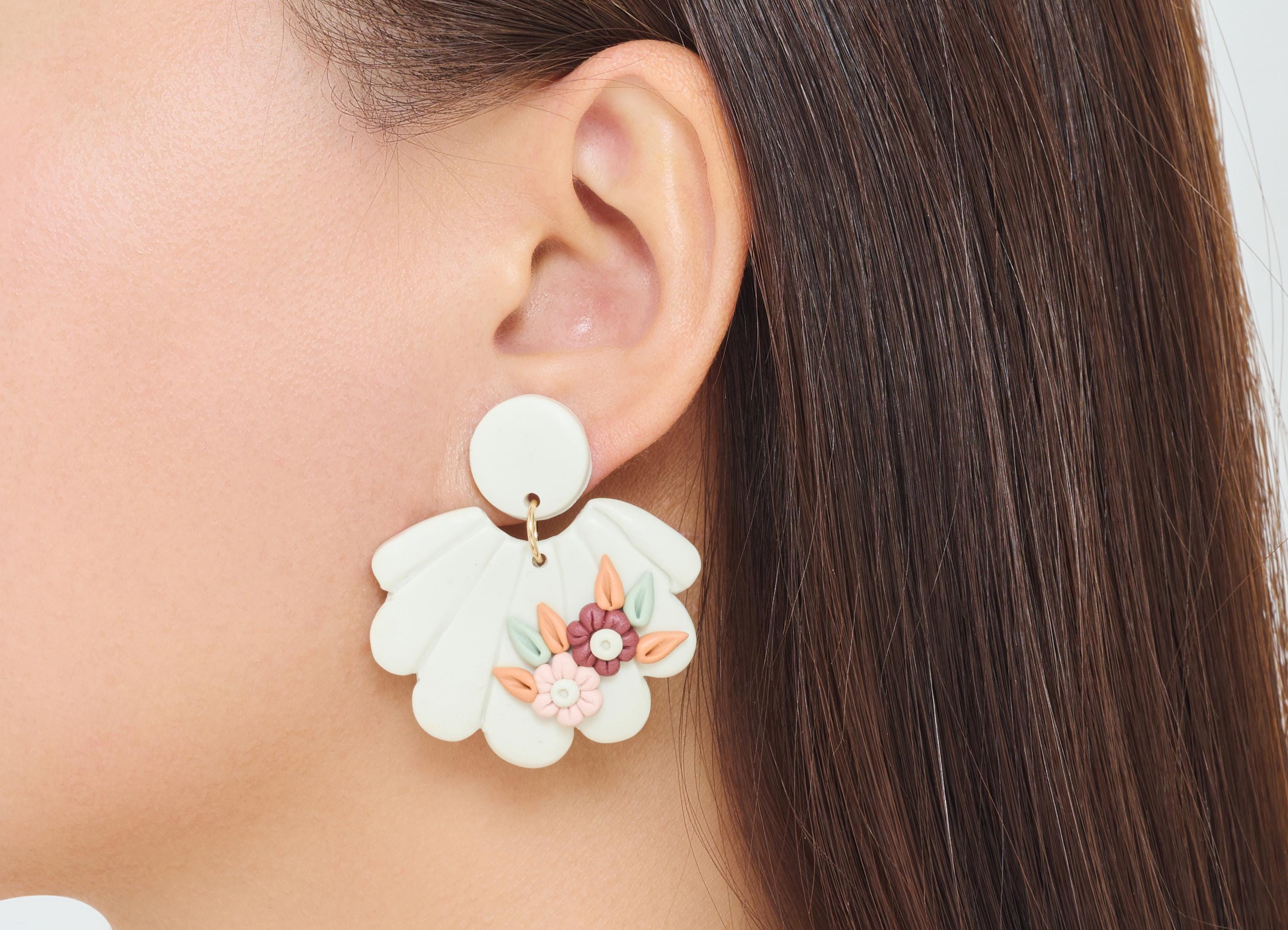 Polymer Clay Earring Stud - Shell Dangle Polymer Clay Post - Modern 3D Floral Details Jewelry - Handcrafted Stud - 44x43x6.15mm - PC2371 - DOMEDBAZAAR