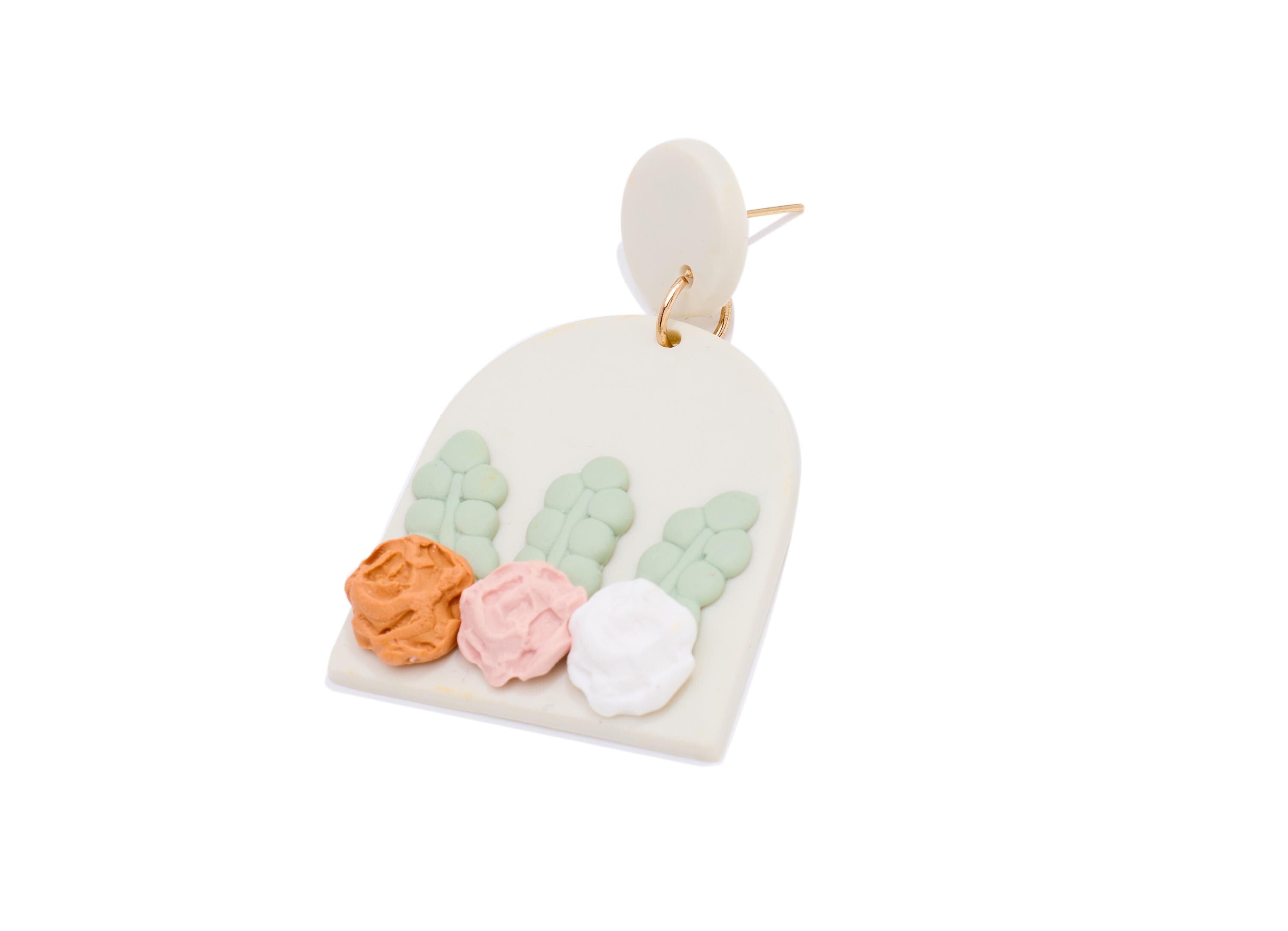 Polymer Clay Earring Stud - Elegant Domed Dangle Polymer Clay Post - Modern 3D Floral Jewelry - Handcrafted Stud - 50x34x2.7mm - PC2370 - DOMEDBAZAAR