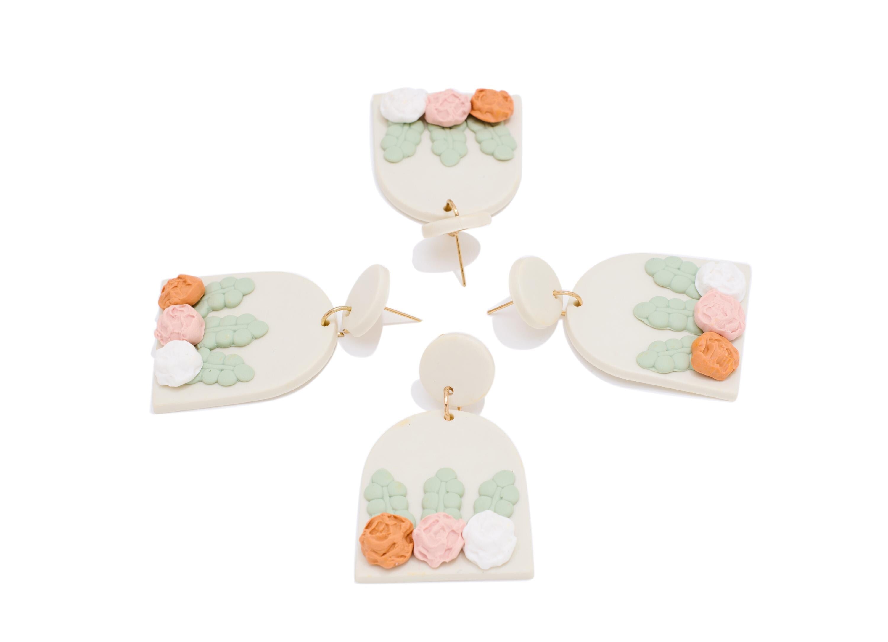 Polymer Clay Earring Stud - Elegant Domed Dangle Polymer Clay Post - Modern 3D Floral Jewelry - Handcrafted Stud - 50x34x2.7mm - PC2370 - DOMEDBAZAAR