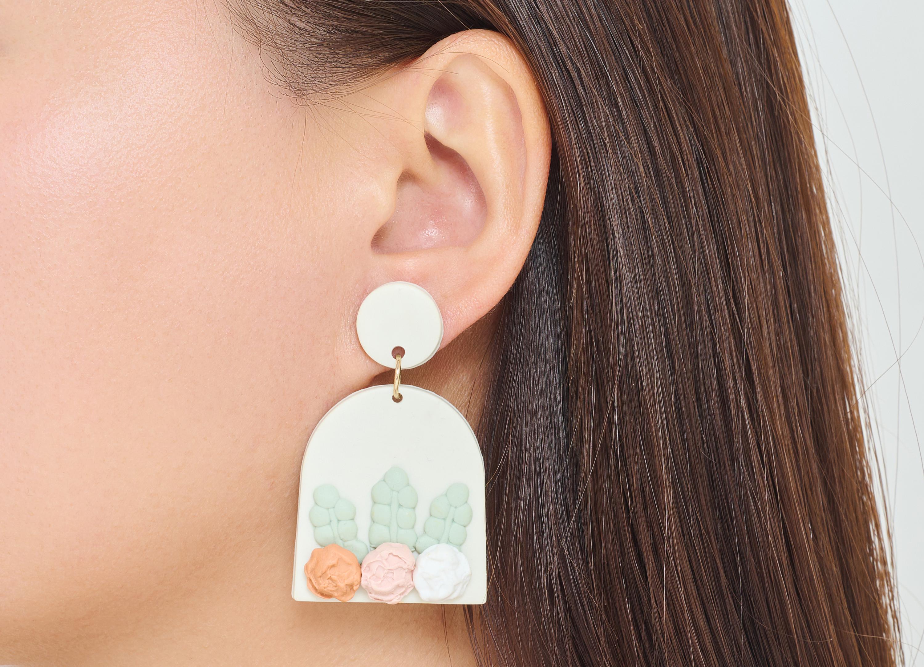 Polymer Clay Earring Stud - Elegant Domed Dangle Polymer Clay Post - Modern 3D Floral Jewelry - Handcrafted Stud - 50x34x2.7mm - PC2370 - DOMEDBAZAAR