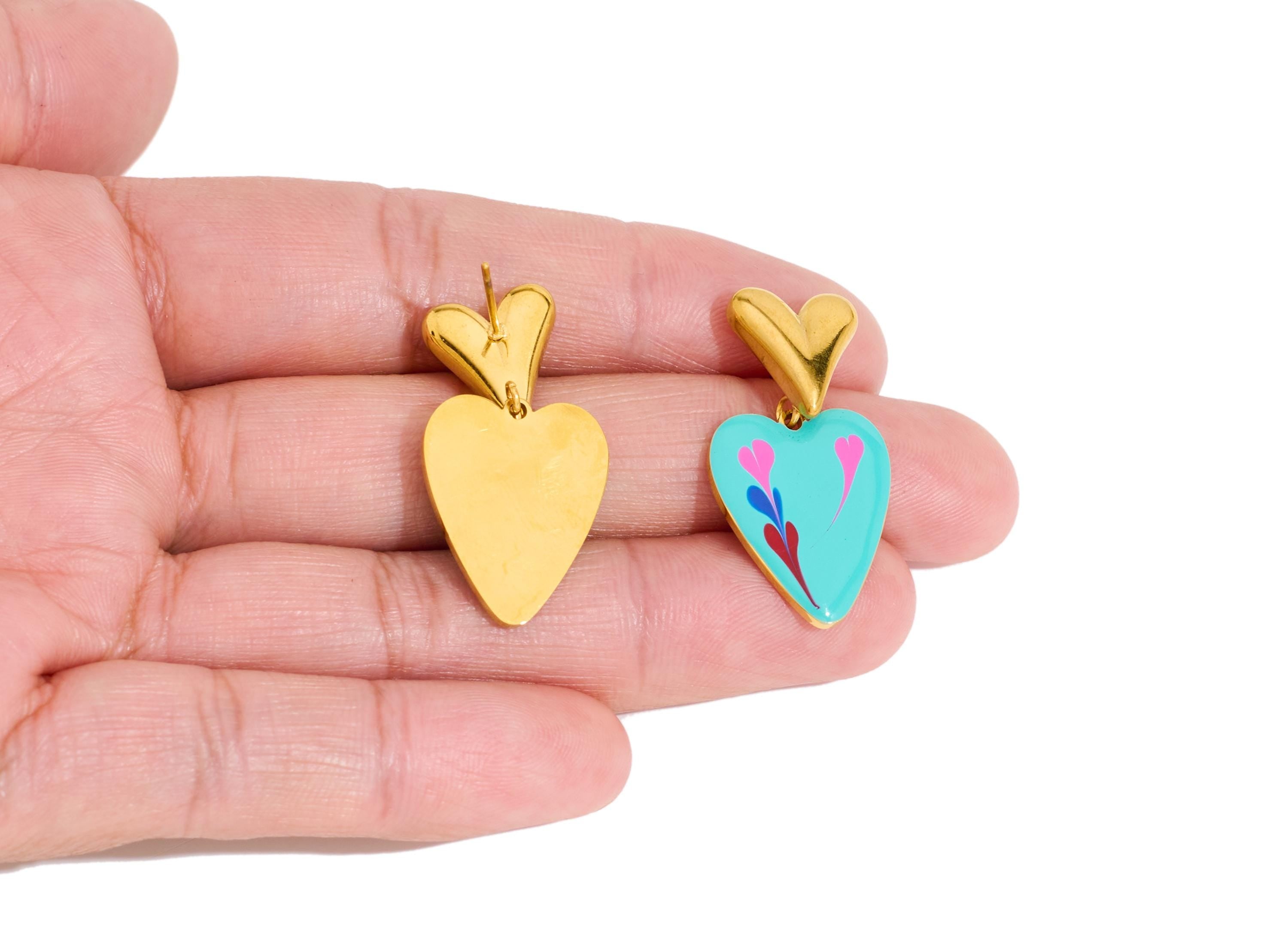 Stainless Steel Heart Stud - Steel Blue Enamel Heart Earring Post - Modern Gold Heart Jewelry - Gold Vacuum Plated - 31x15.95x2mm - SS2232 - DOMEDBAZAAR
