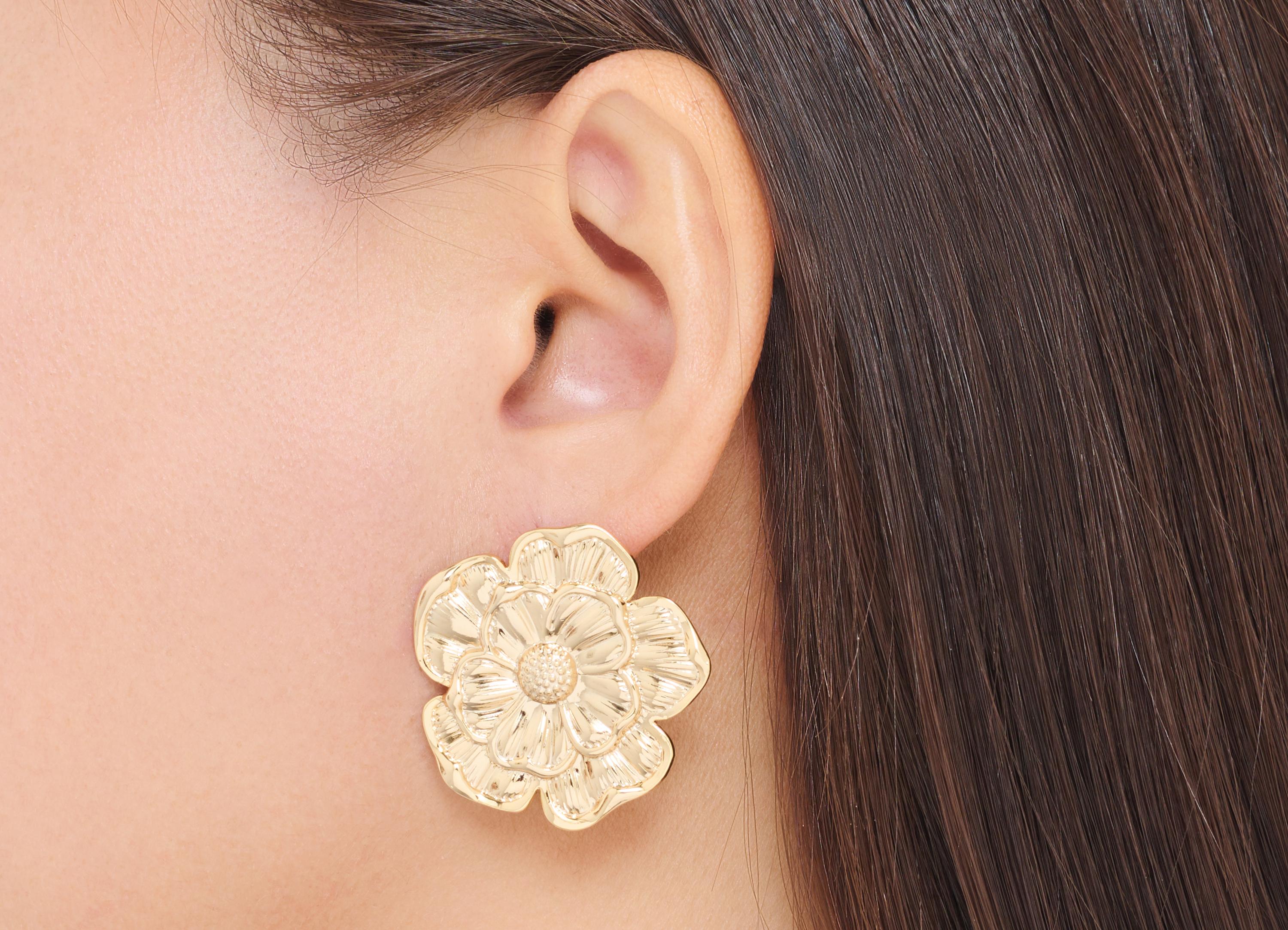 Brass Floral Earring Post - Textured Flower Botanical Earring Stud - Bold Gold Petal Jewelry - 18K Real Gold Plated - 33x32x2.35mm -RGP10417 - DOMEDBAZAAR
