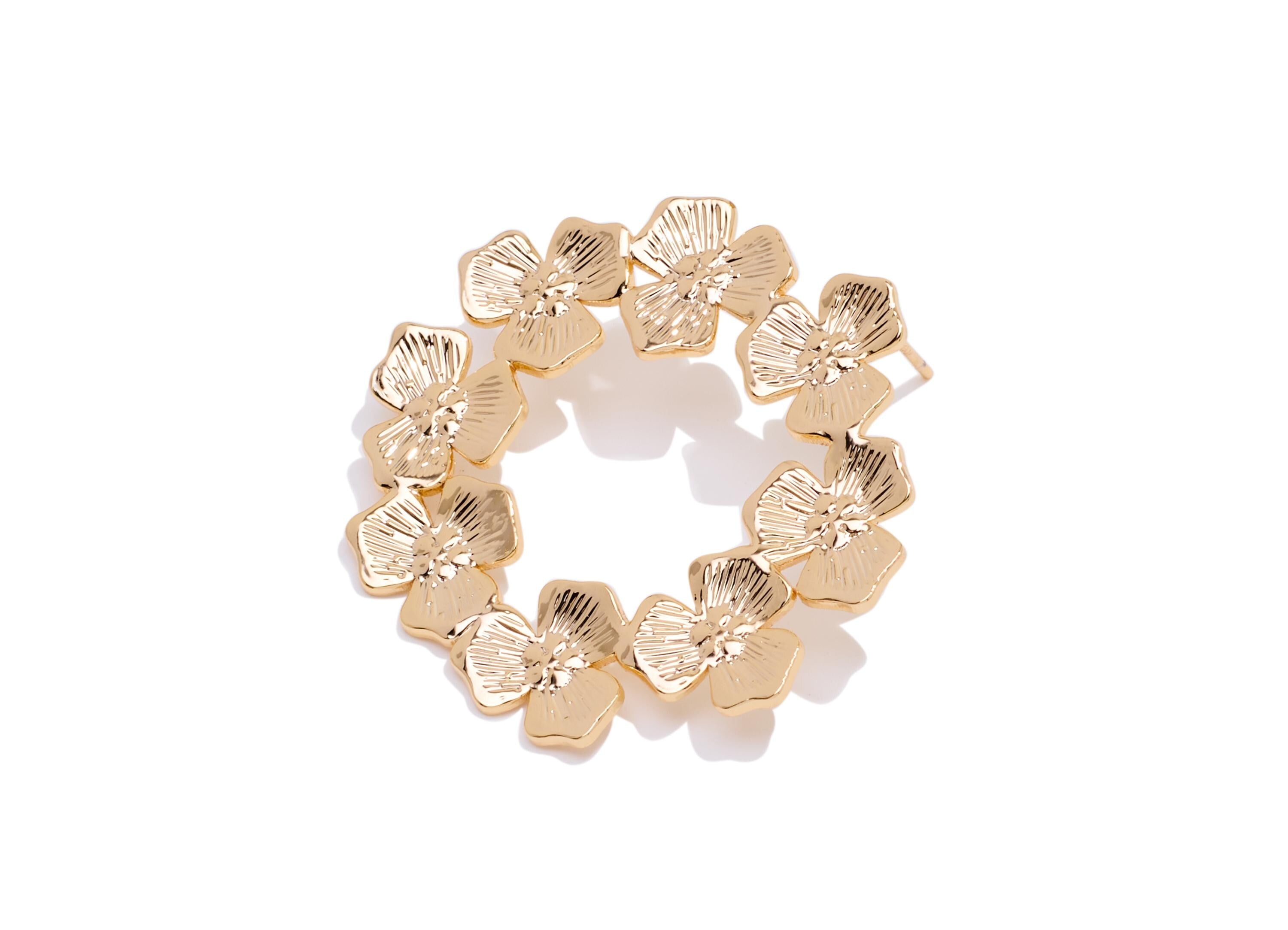 Brass Branch Hoop Earring Post - Elegant Textured Floral Stud - Gold Botanical Bloom Jewelry - 18K Real Gold Plated - 35x34x1mm - RGP10415 - DOMEDBAZAAR