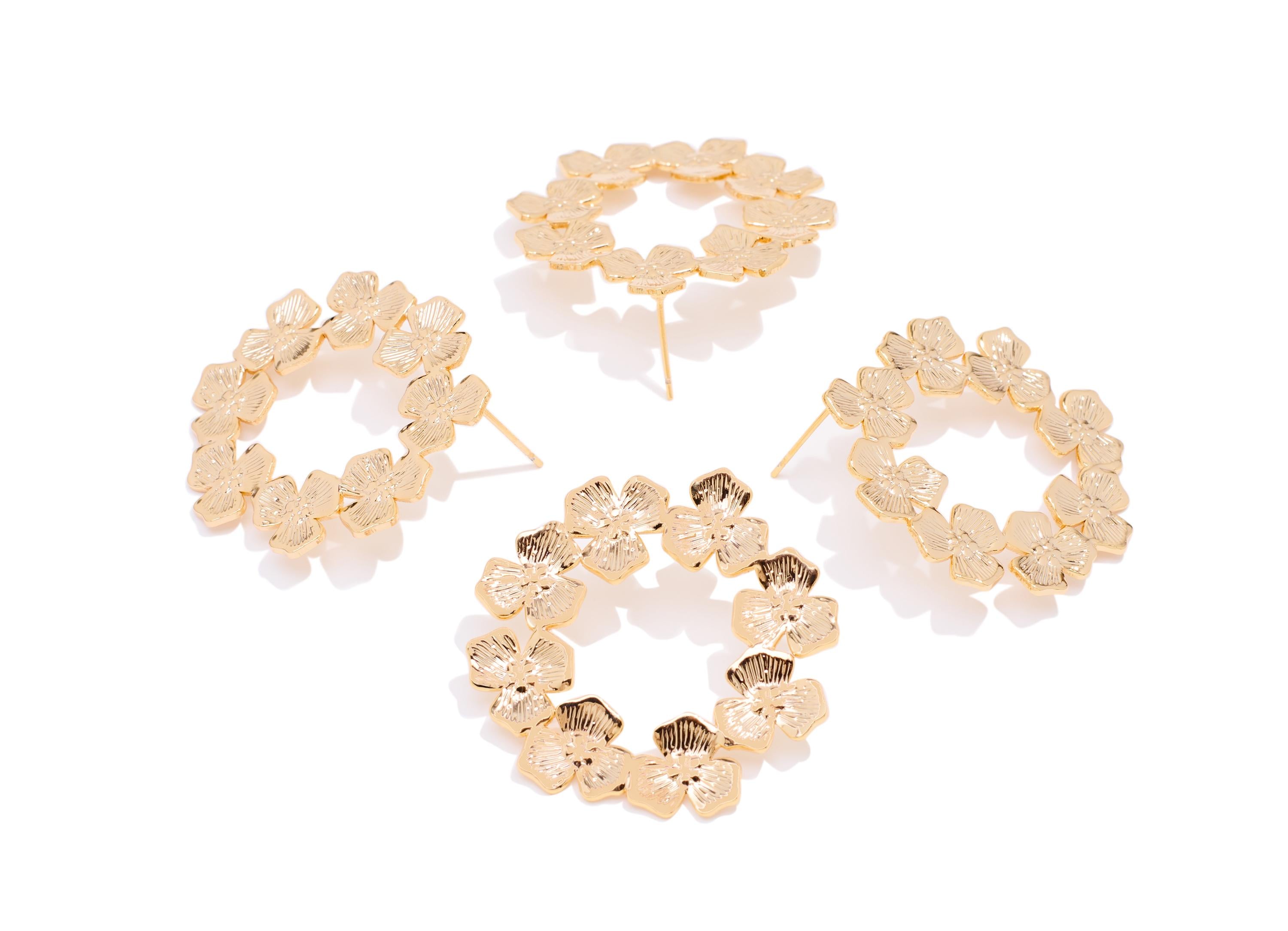 Brass Branch Hoop Earring Post - Elegant Textured Floral Stud - Gold Botanical Bloom Jewelry - 18K Real Gold Plated - 35x34x1mm - RGP10415 - DOMEDBAZAAR