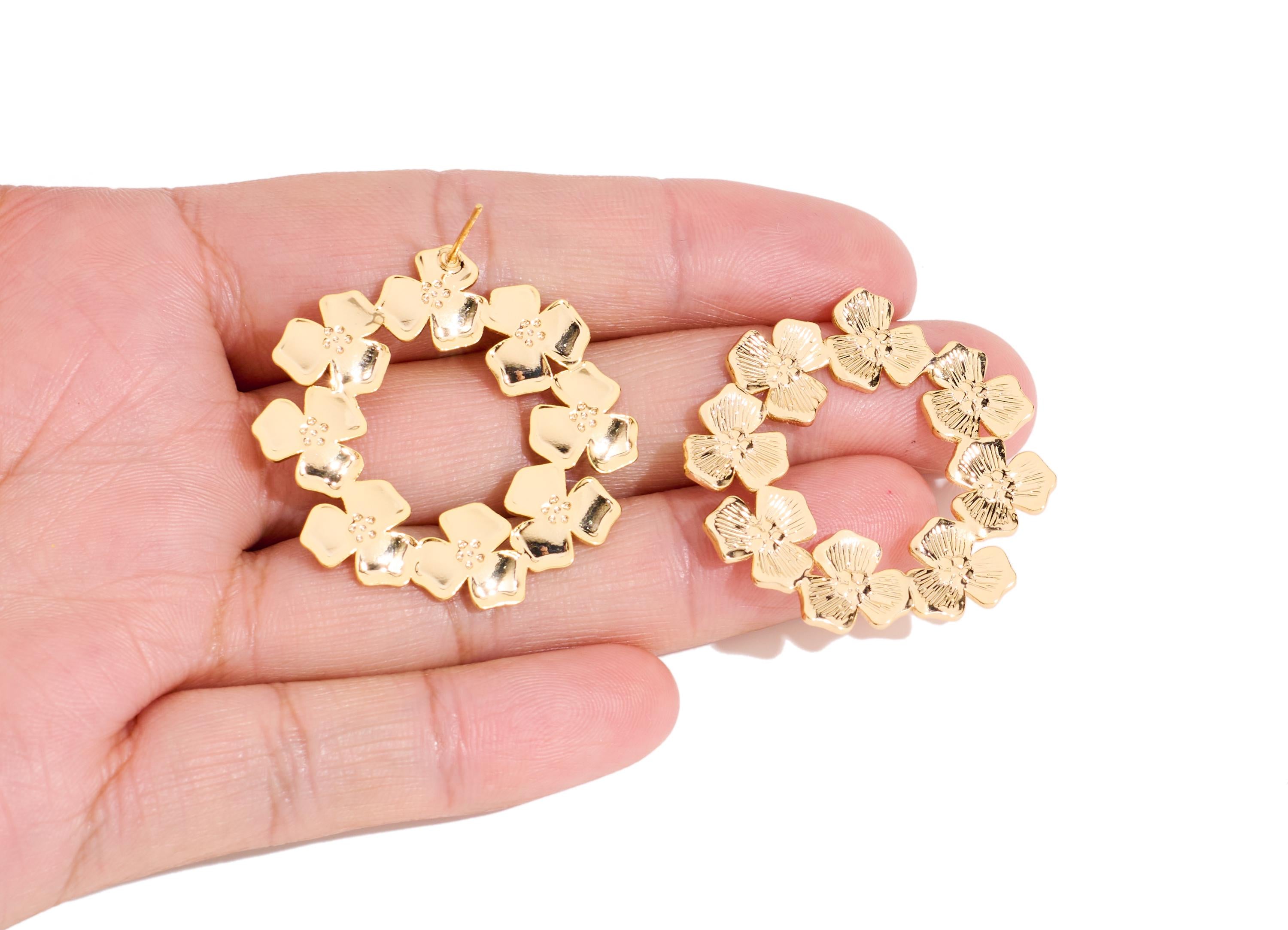 Brass Branch Hoop Earring Post - Elegant Textured Floral Stud - Gold Botanical Bloom Jewelry - 18K Real Gold Plated - 35x34x1mm - RGP10415 - DOMEDBAZAAR