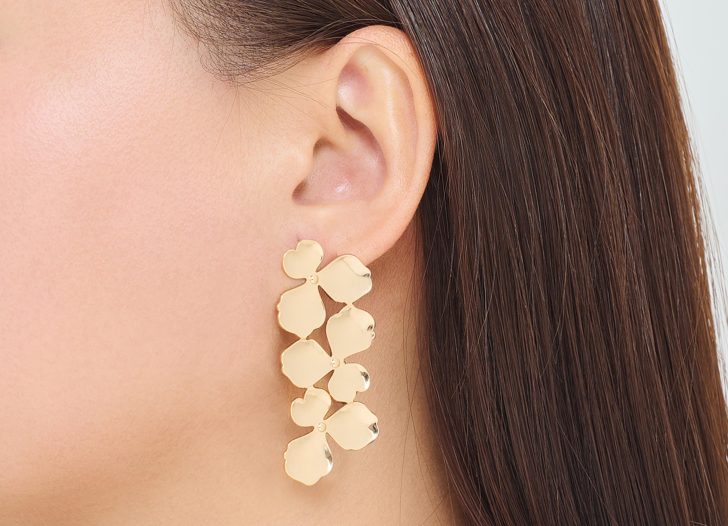 Brass Long Flower Earring Post - Statement Petal Cascade Stud - Gold Botanical Jewelry Making - 18K Real Gold Plated - 51x20x2mm -RGP10419 - DOMEDBAZAAR