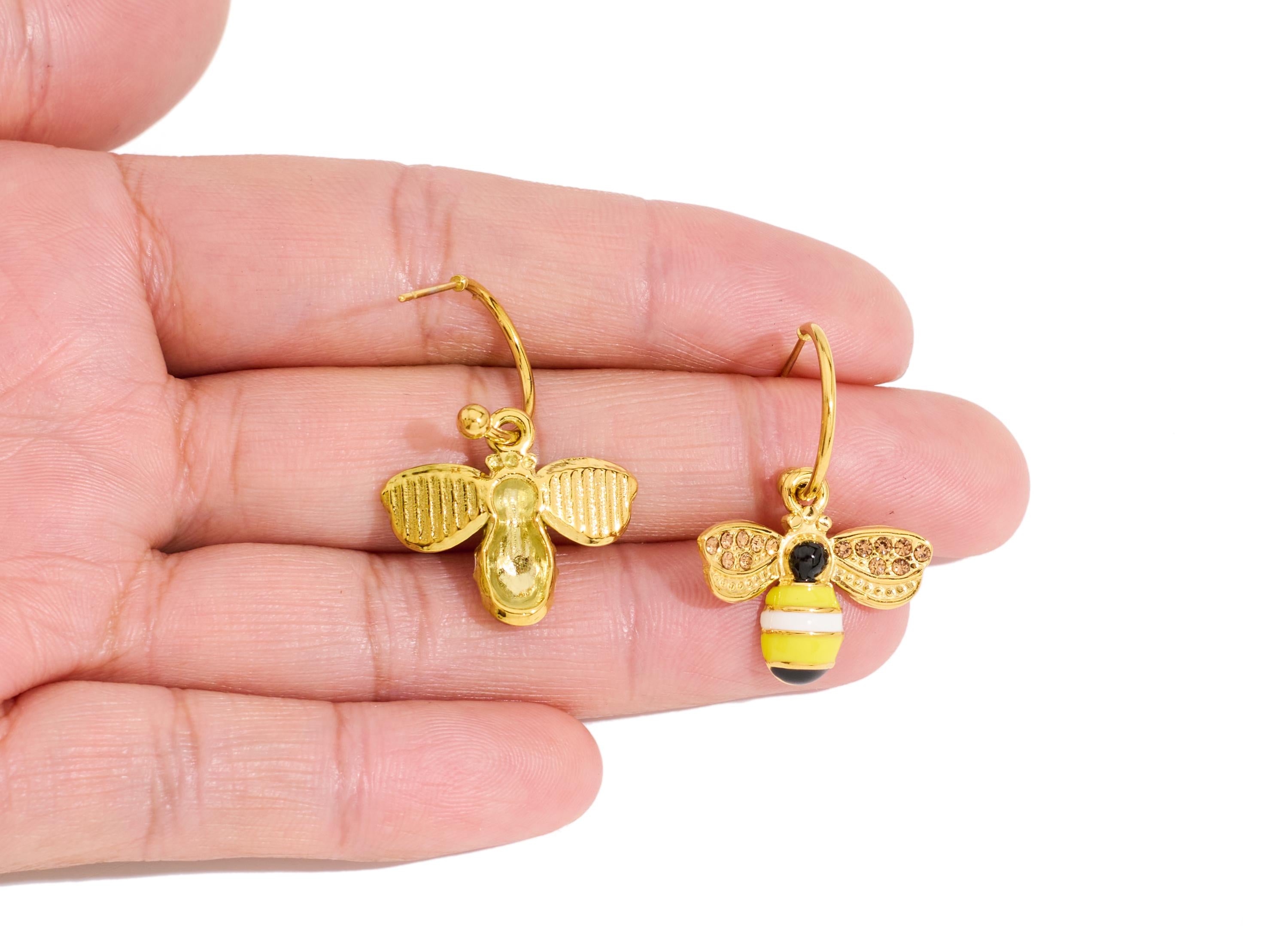 Stainless Steel Dangle Bee Stud - Gold Enamel CZ Hanging C Hoop Post - Statement Steel Stud - Gold Vacuum Plated - 31x21x2.37mm - SS2233 - DOMEDBAZAAR