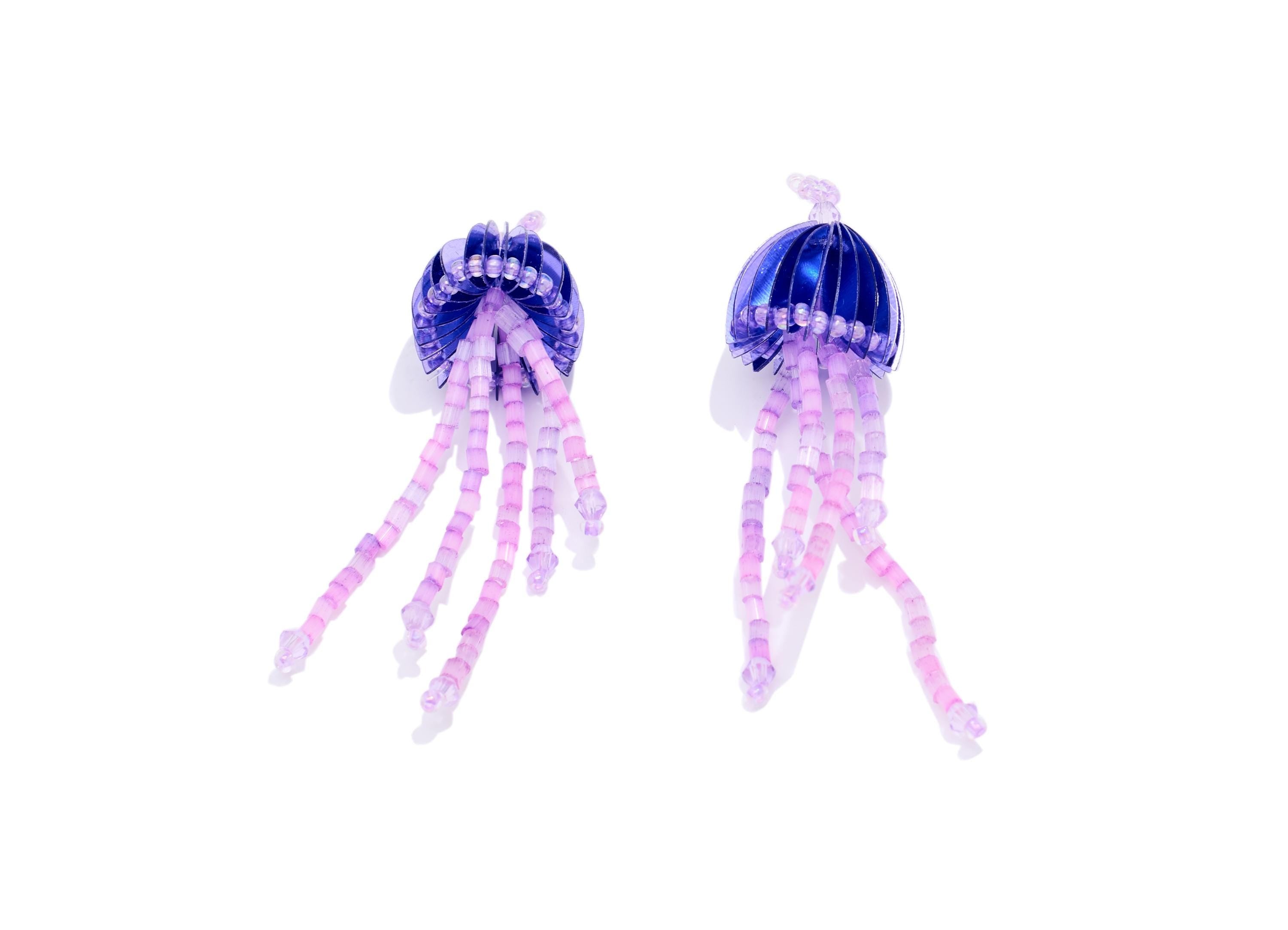 Blue Jellyfish Earring Charm - Crystal Handcrafted Jellyfish Pendant - Beaded Tentacle Charm - Marine DIY Jewelry - 61x17.8x17.2mm - AC2669B - DOMEDBAZAAR