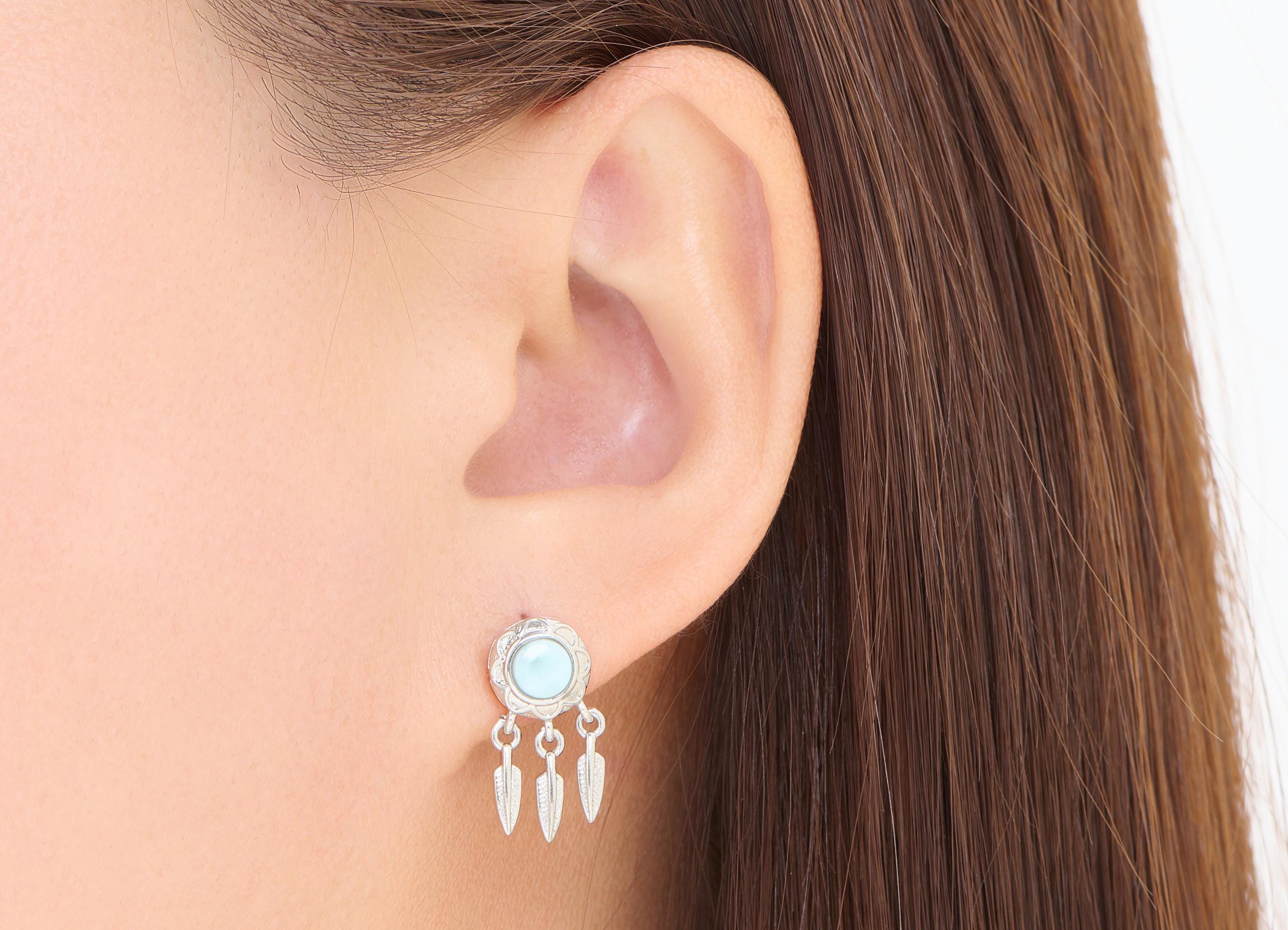 Feather Dangle Earring Stud - Silver Gemstone Earring Post - Bohemian Minimalist Dangling Jewelry - White K Plated - 19x8x6.7mm - NS2628 - DOMEDBAZAAR