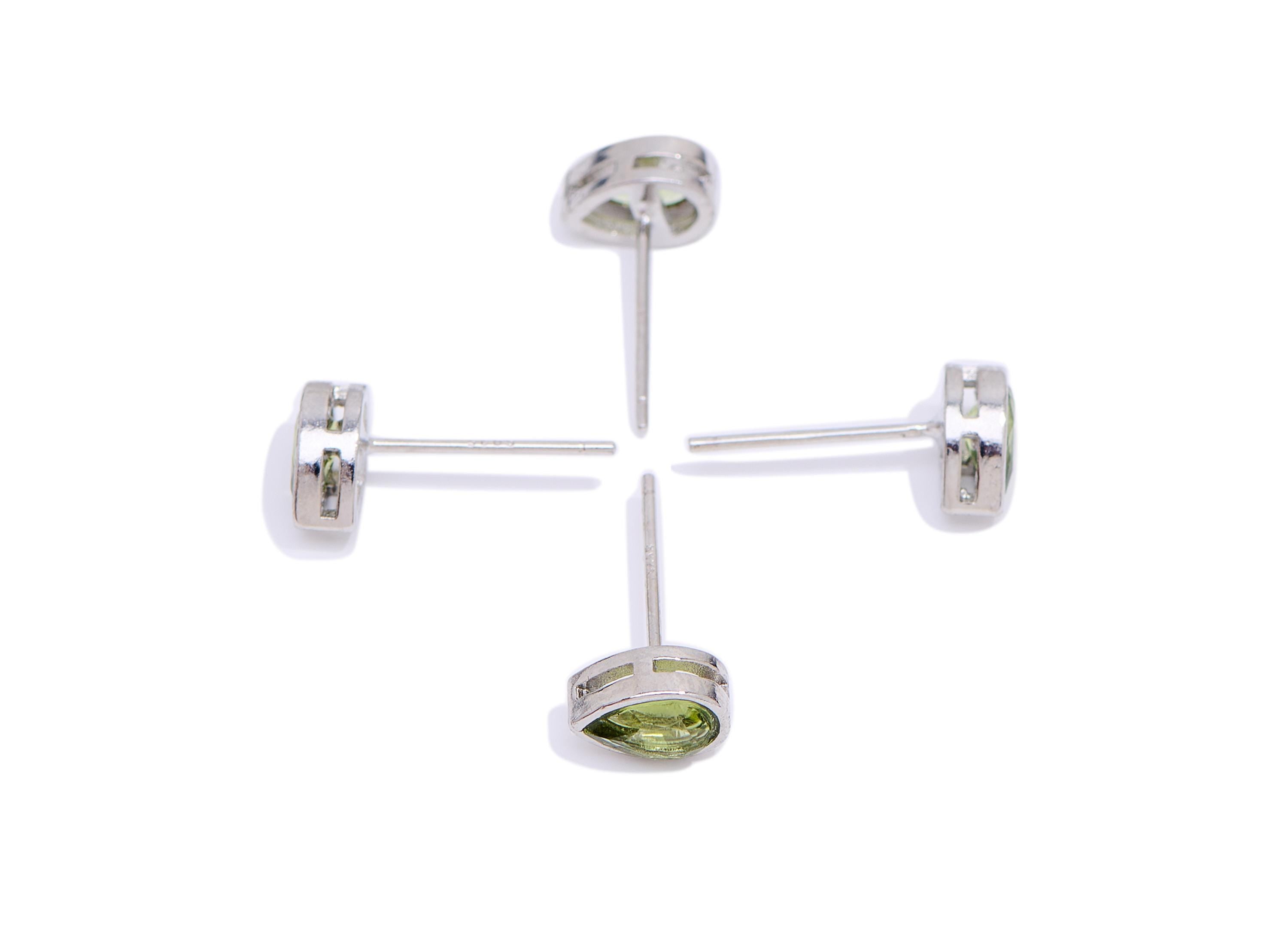 Olivine Teardrop Earring Stud - Brass Natural Stone Earring Post - Minimalist Nature Jewelry Making - White K Plated - 7.6x5x4mm - NS2615 - DOMEDBAZAAR