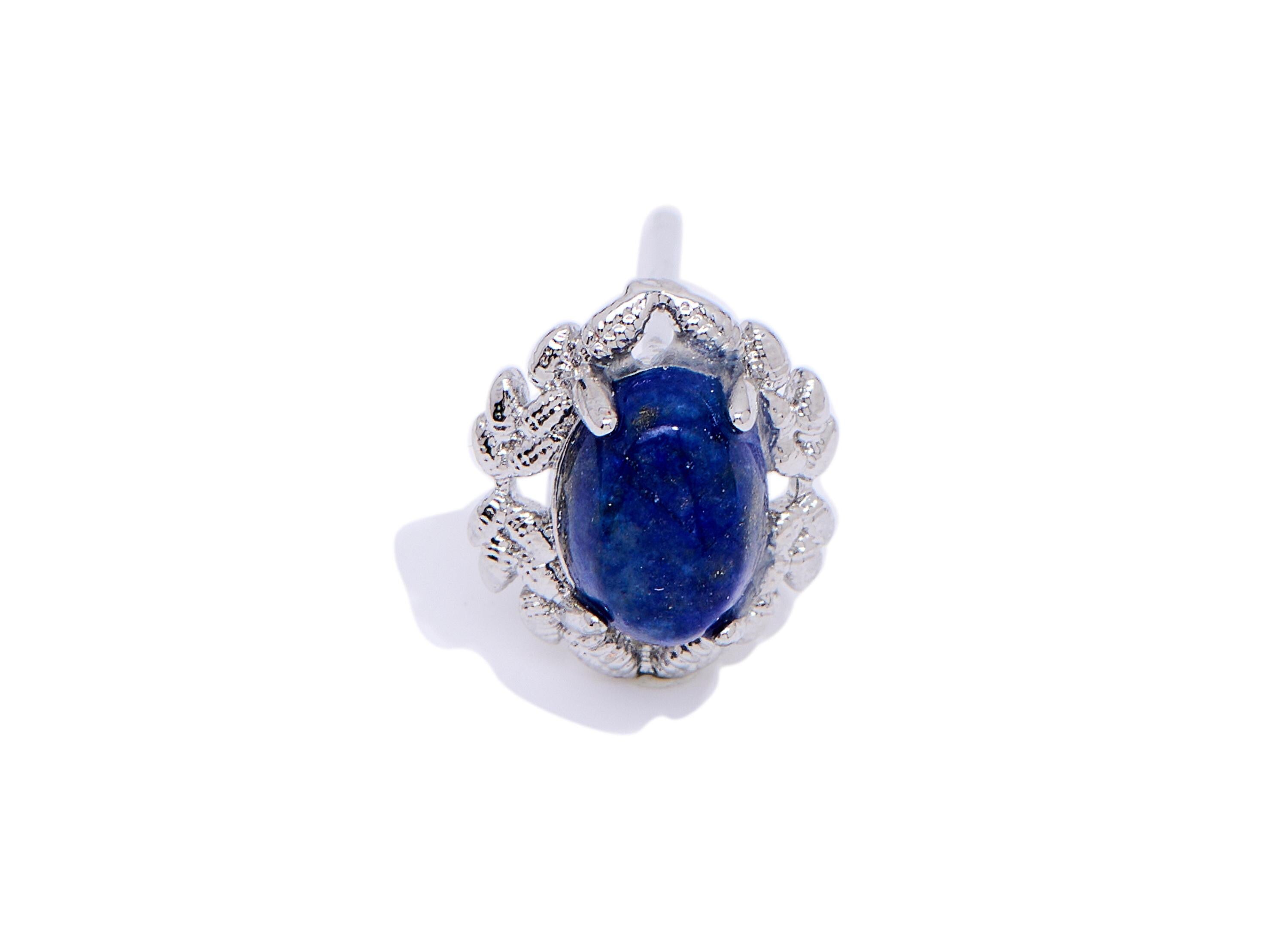 Lapis lazuli Earring Stud - Brass Vintage Looking Natural Stone Post - Minimalist Nature Jewelry Making - White K Plated - 10x9x4mm - NS2669 - DOMEDBAZAAR