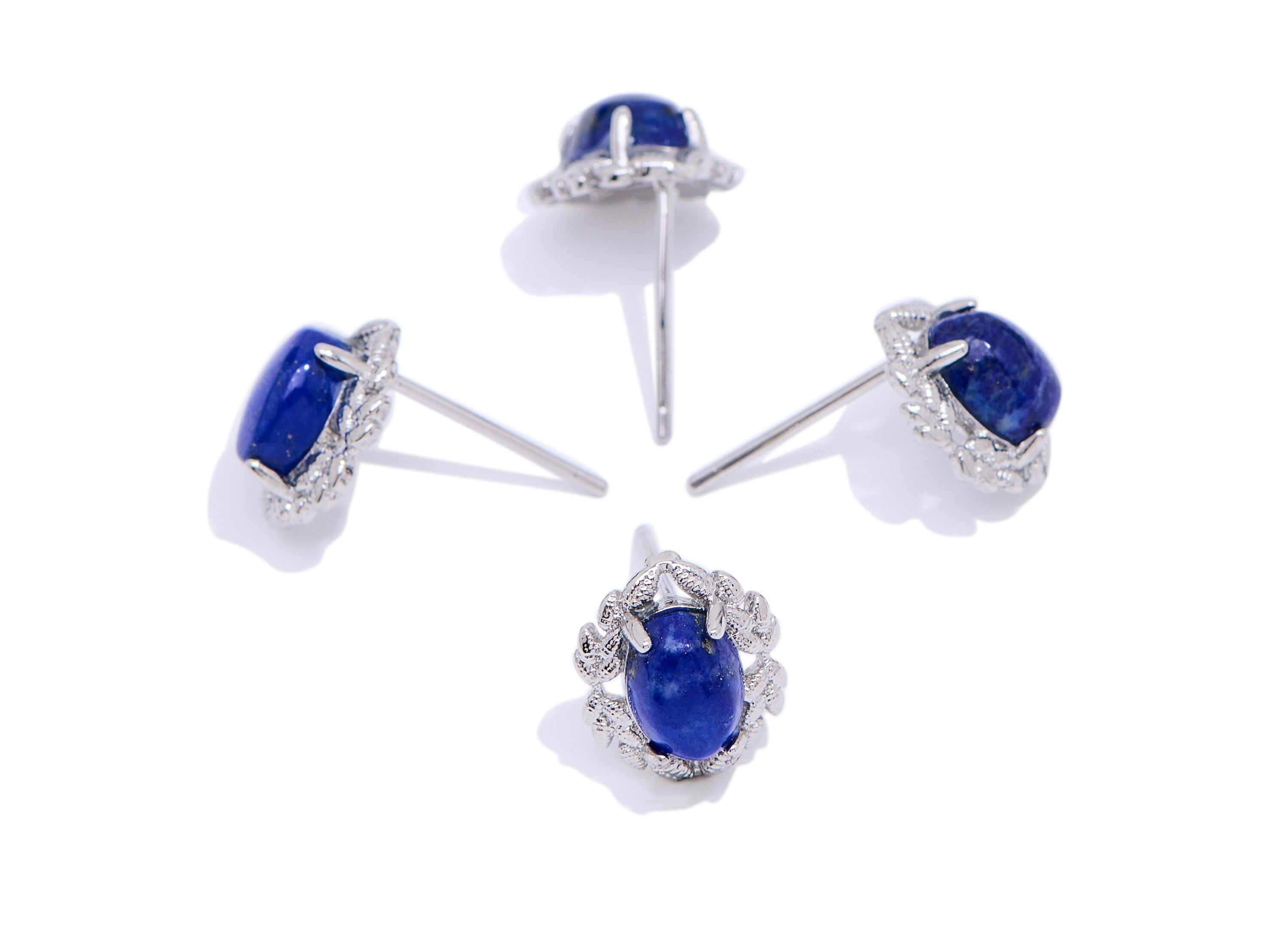 Lapis lazuli Earring Stud - Brass Vintage Looking Natural Stone Post - Minimalist Nature Jewelry Making - White K Plated - 10x9x4mm - NS2669 - DOMEDBAZAAR