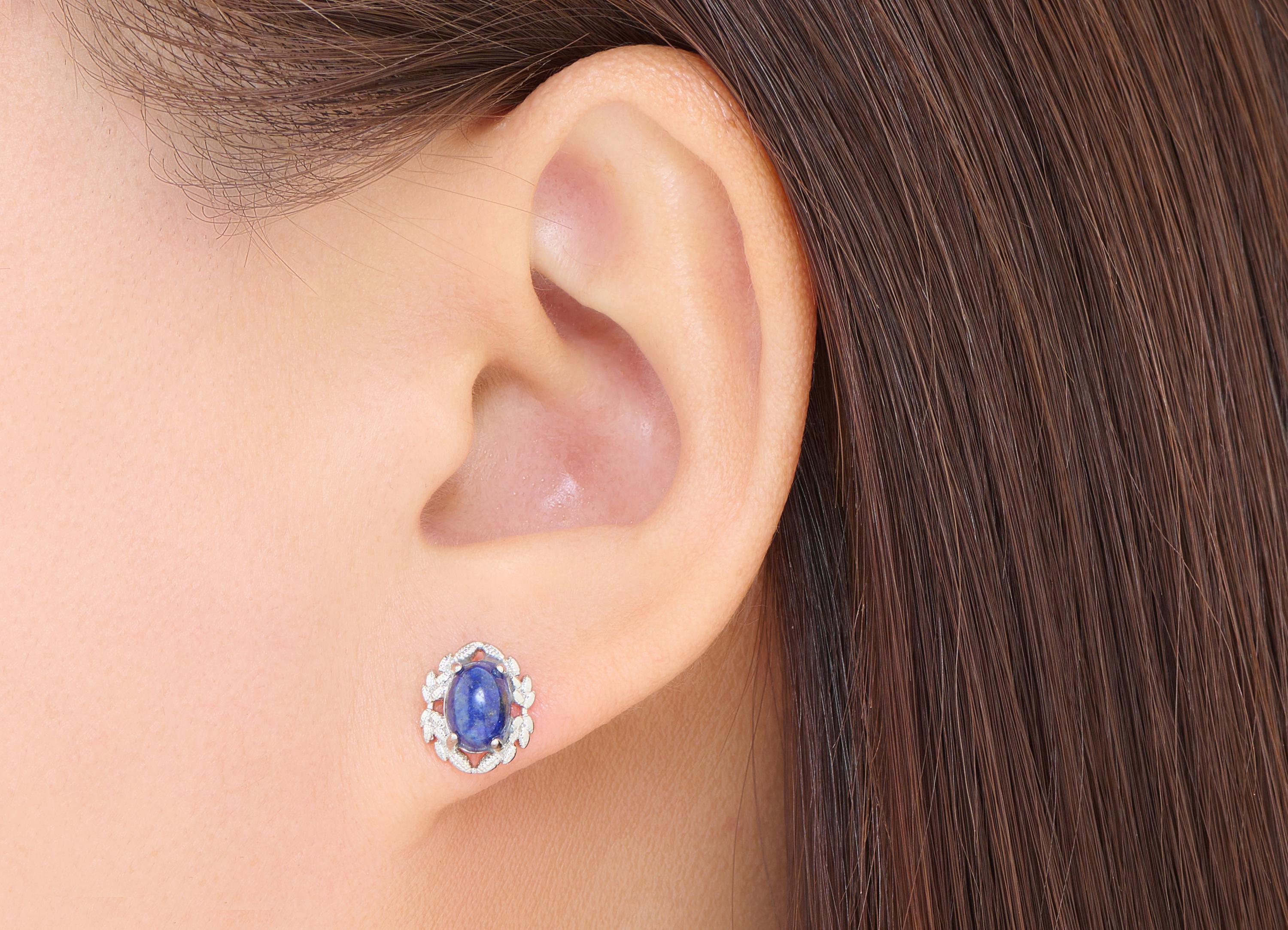 Lapis lazuli Earring Stud - Brass Vintage Looking Natural Stone Post - Minimalist Nature Jewelry Making - White K Plated - 10x9x4mm - NS2669 - DOMEDBAZAAR