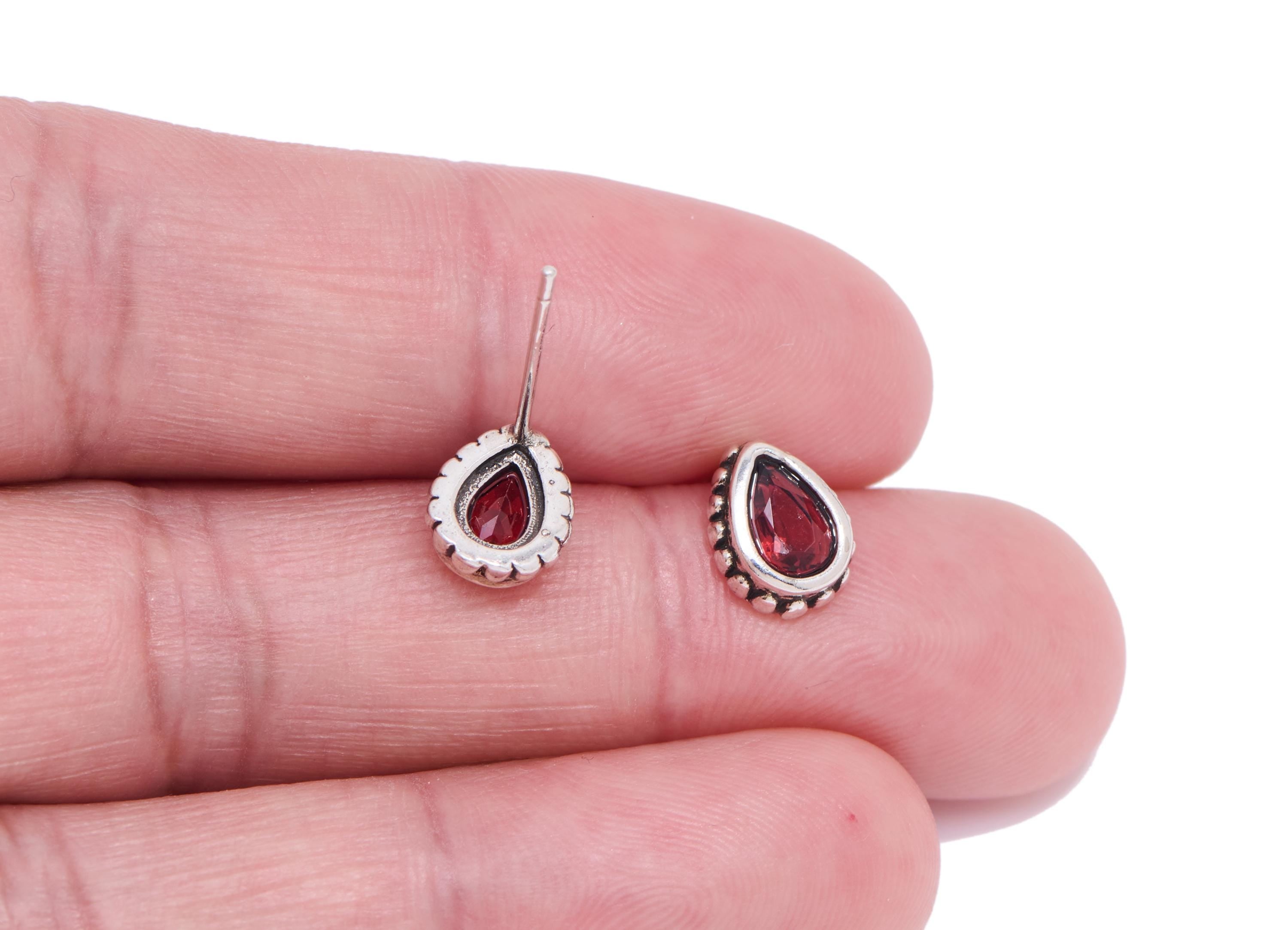 Garnet Teardrop Earring Stud - Brass Drop Gemstone Earring Post - Minimalist Everyday Wear Jewelry Making - White K Plated - 8x6x3mm -NS2566 - DOMEDBAZAAR