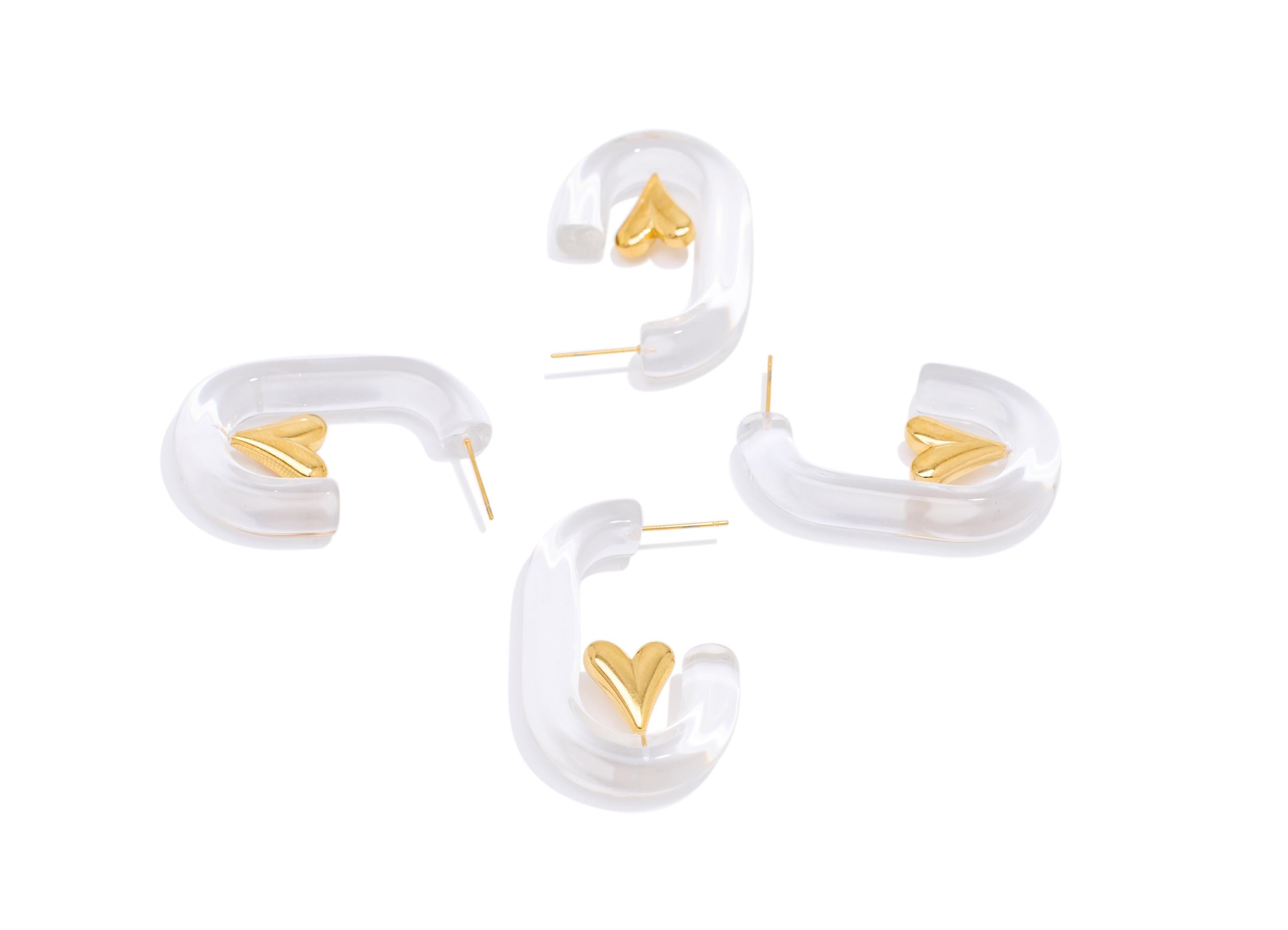 Stainless Steel Acrylic Hoop Stud - Unique Gold Heart Open Hoop Earring Post - Statement Steel Stud - Gold Vacuum Plated - 43x27x8mm -SS2226 - DOMEDBAZAAR