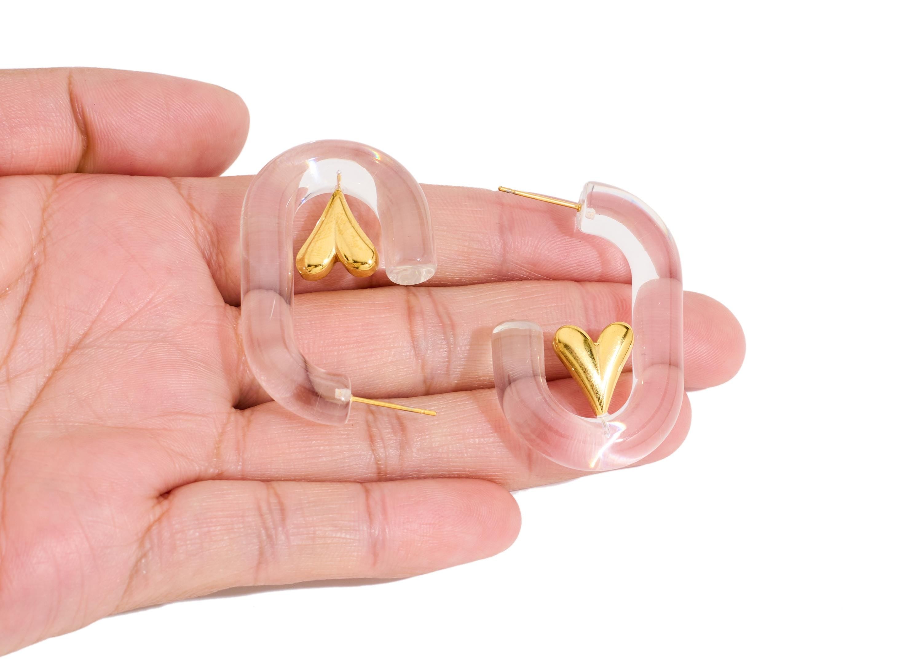 Stainless Steel Acrylic Hoop Stud - Unique Gold Heart Open Hoop Earring Post - Statement Steel Stud - Gold Vacuum Plated - 43x27x8mm -SS2226 - DOMEDBAZAAR