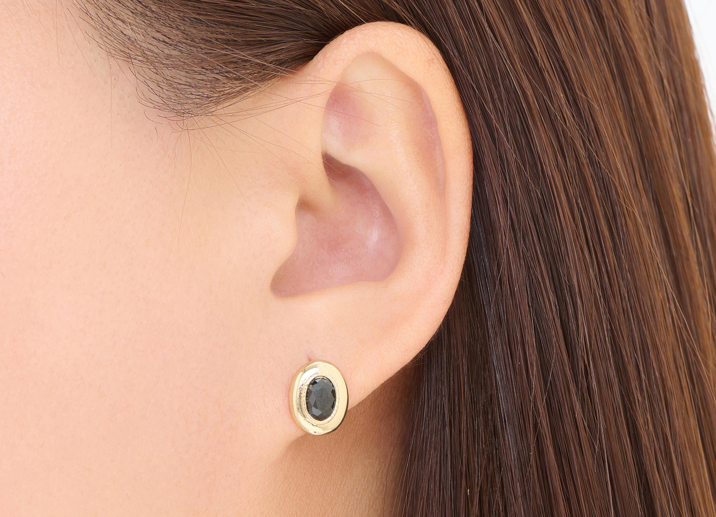 Brass Oval Earring Stud - Gold Black Spinel Gemstone Earring Post - Vintage Everyday Wear Jewelry - Gold 24K Plated - 11.17x9x2.82mm -NS2602 - DOMEDBAZAAR