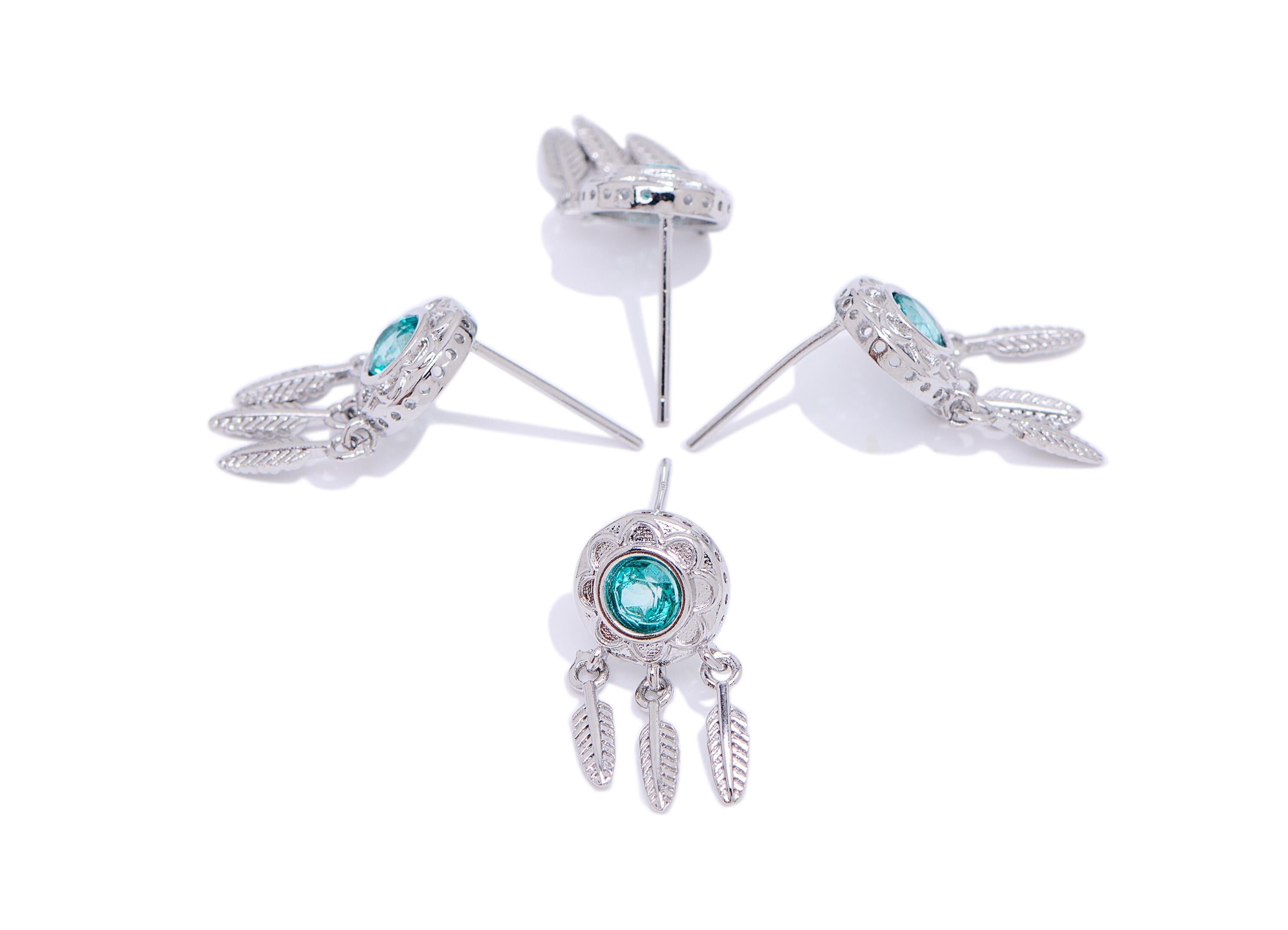 Topaz Feather Dangle Earring Stud - Brass Stone Earring - Bohemian Minimalist Dangling Jewelry Making - White K Plated - 18x8x3mm- NS2595 - DOMEDBAZAAR