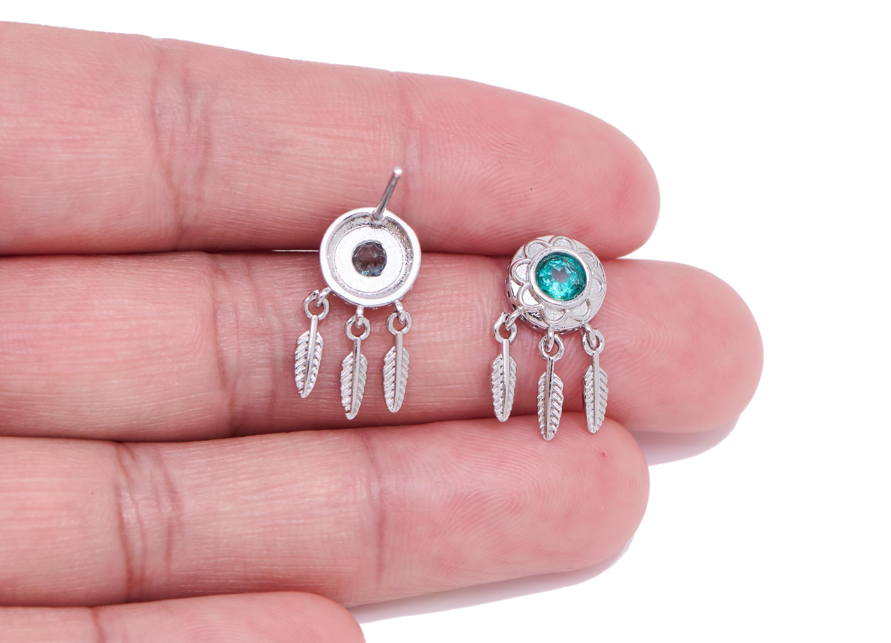 Topaz Feather Dangle Earring Stud - Brass Stone Earring - Bohemian Minimalist Dangling Jewelry Making - White K Plated - 18x8x3mm- NS2595 - DOMEDBAZAAR