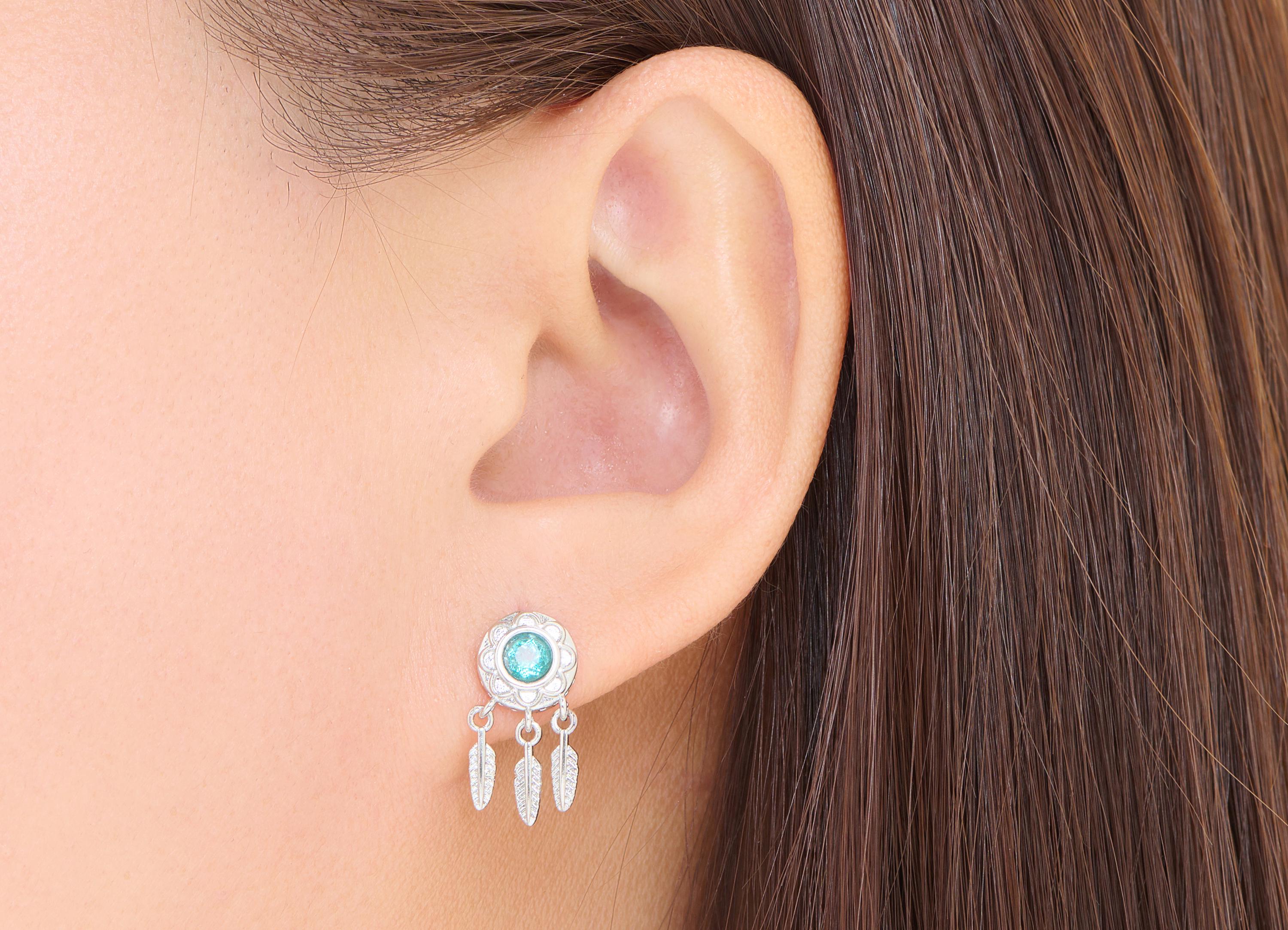 Topaz Feather Dangle Earring Stud - Brass Stone Earring - Bohemian Minimalist Dangling Jewelry Making - White K Plated - 18x8x3mm- NS2595 - DOMEDBAZAAR