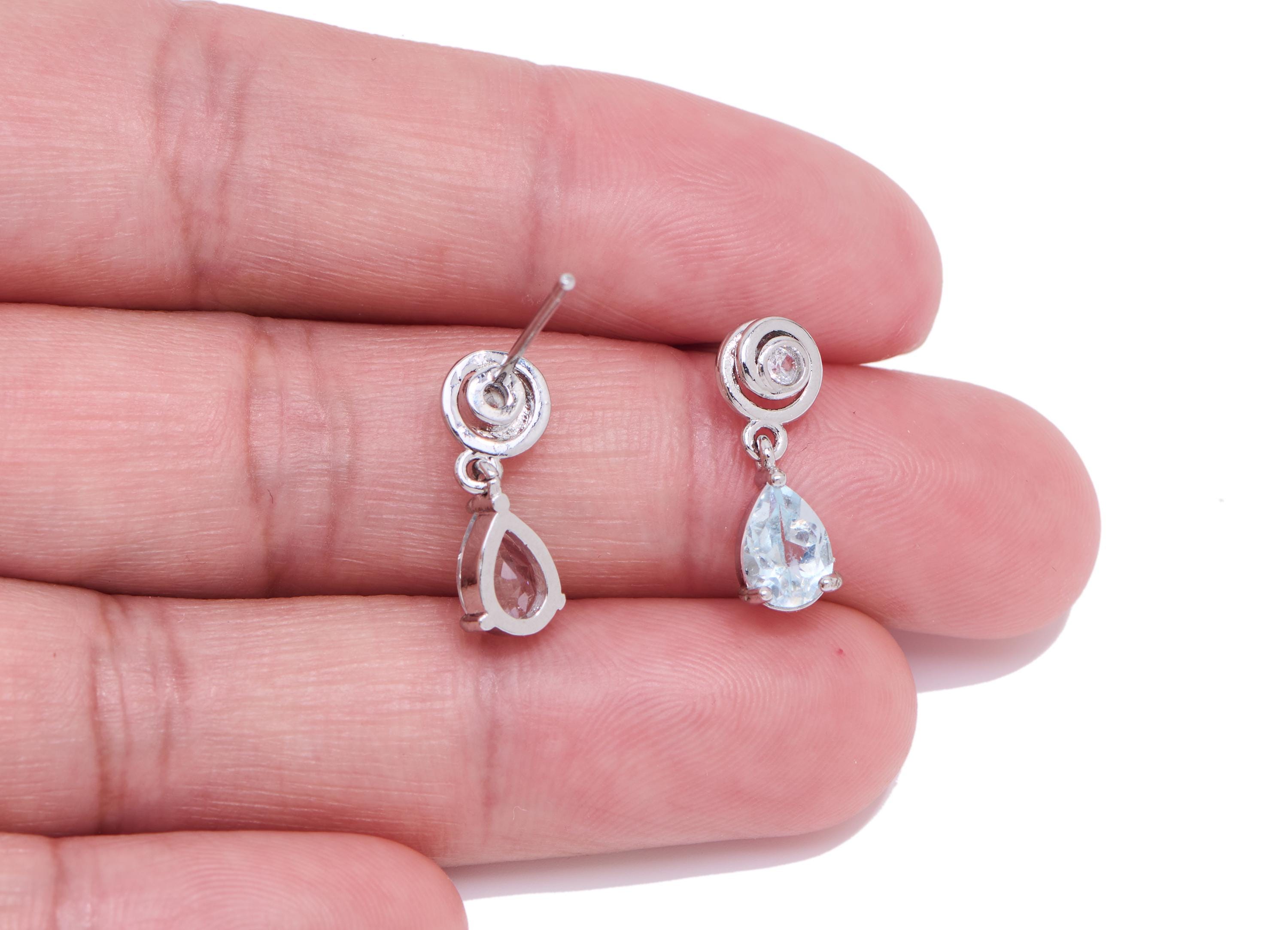 Brass Dangle Earring Stud - Brass Topaz Stone Dainty Teardrop Earring - Dainty Jewelry For Woman - White K Plated - 16x5x4mm - NS2600 - DOMEDBAZAAR