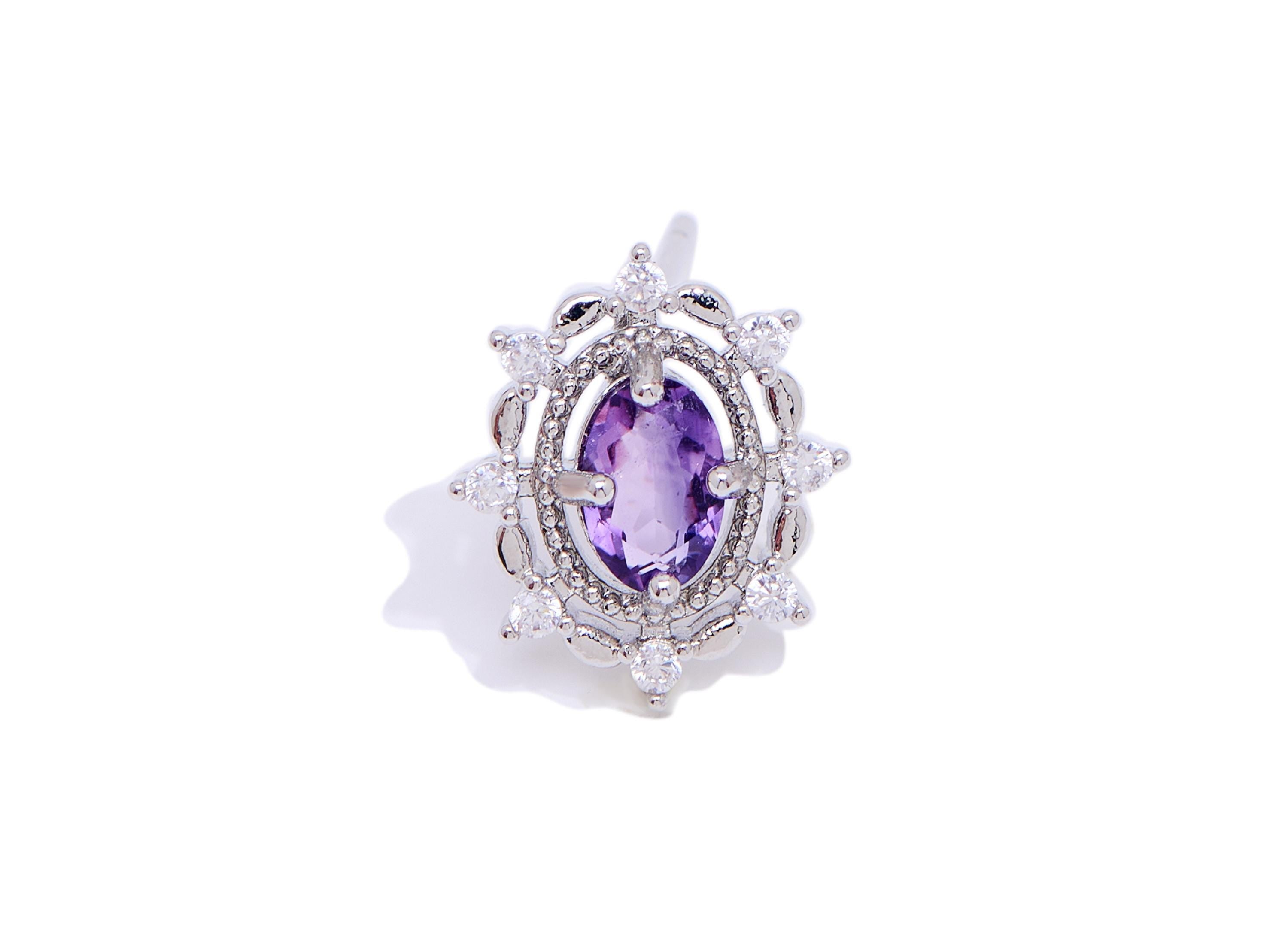 Amethyst Vintage Looking Earring Stud - Brass Sparking Gem Stone Earring - Dainty Jewelry Making - White K Plated - 13x10x3mm - NS2593 - DOMEDBAZAAR