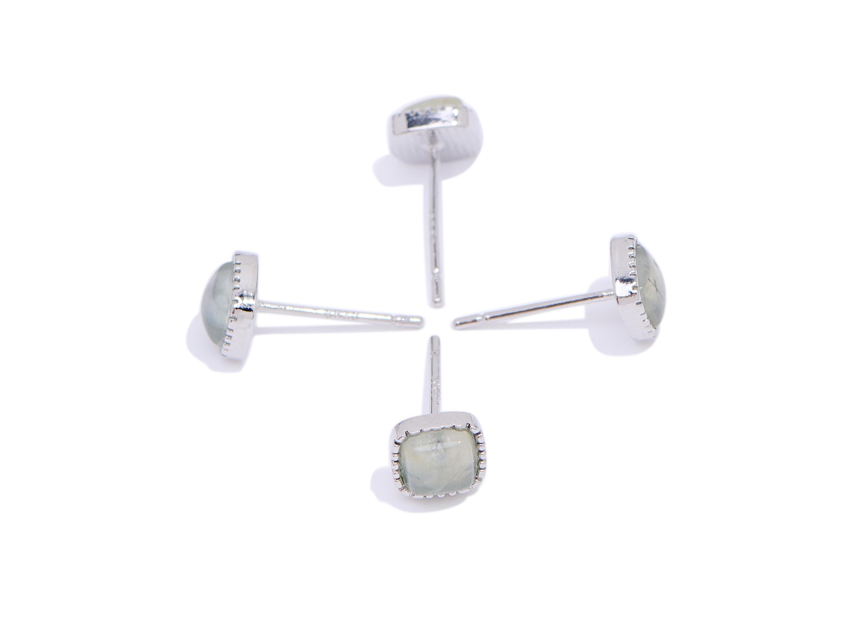 Prehnite Square Earring Stud - Brass Natural Stone Lux Earring Post - Dainty Everyday Wear Jewelry Making - White K Plated - 6x6x2mm -NS2559 - DOMEDBAZAAR