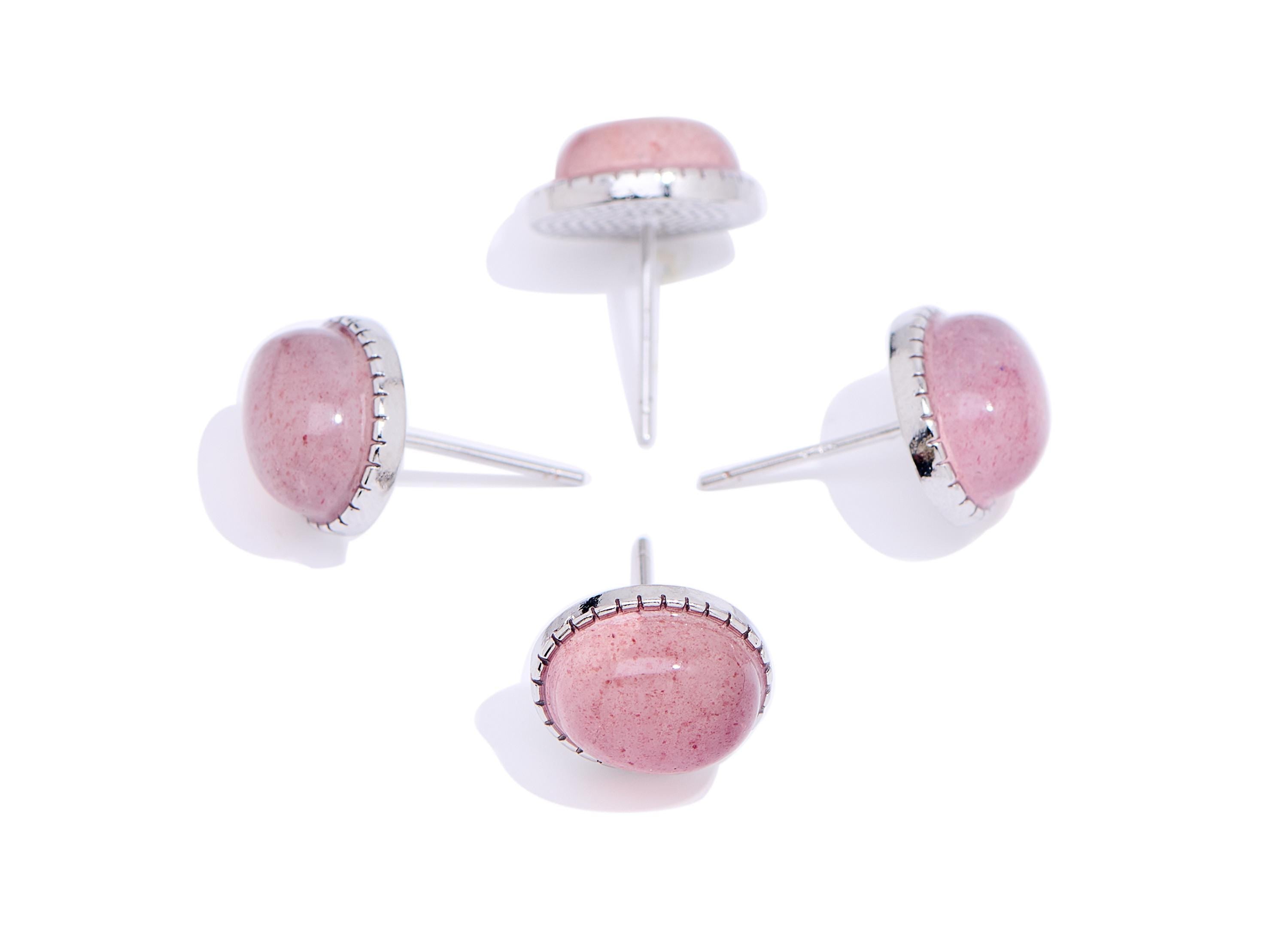 Strawberry Quartz Brass Oval Studs - Silver Gemstone Posts - Minimalist Jewelry - Silver Stud - White K Plated - 11.3x9.71x6.2mm - NS2585 - DOMEDBAZAAR