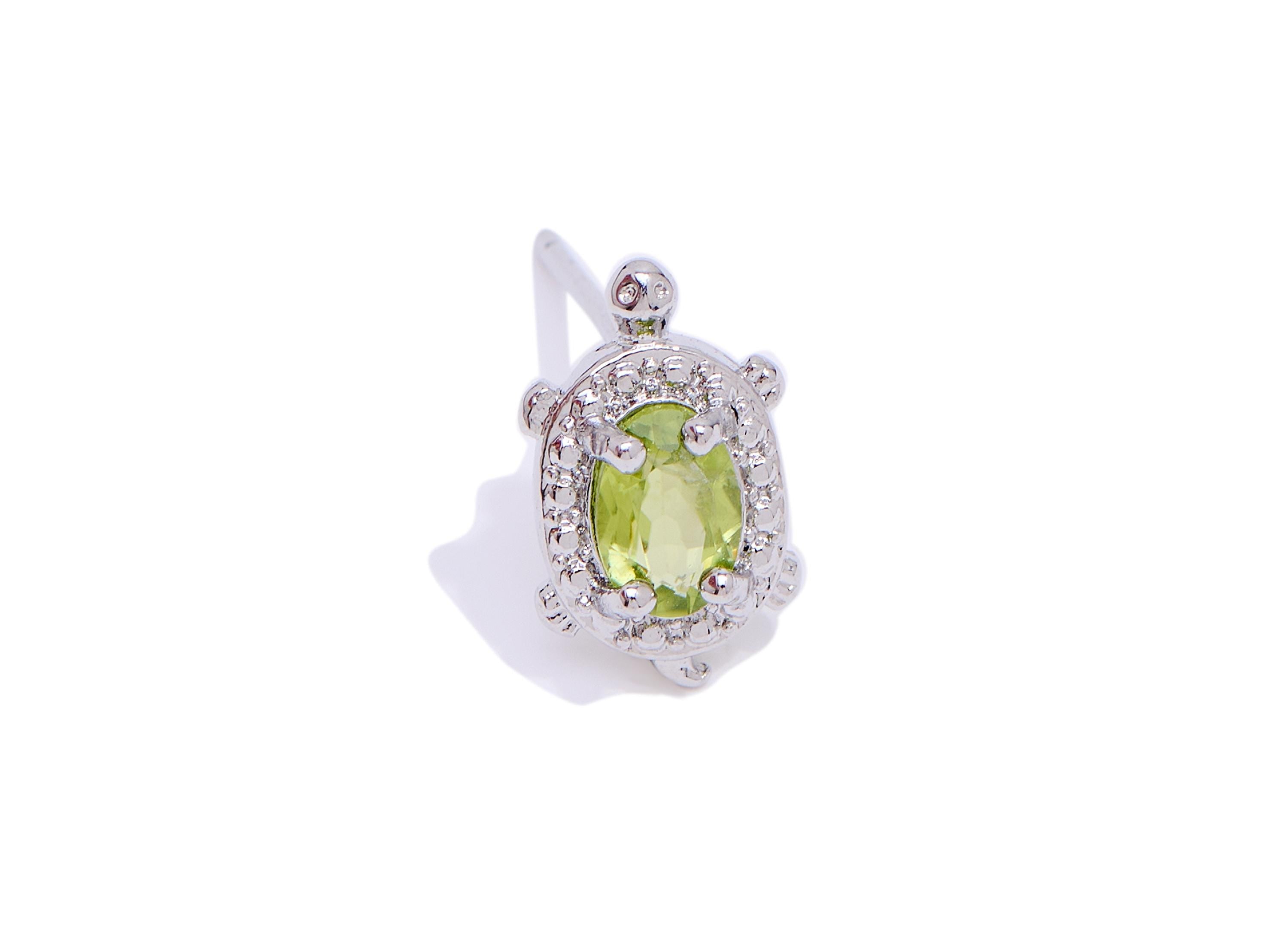 Olivine Turtle Earring Stud - Brass Natural Stone Cute Earring Post - Dainty Everyday Wear Jewelry Making - White K Plated - 12x7x3mm-NS2609 - DOMEDBAZAAR