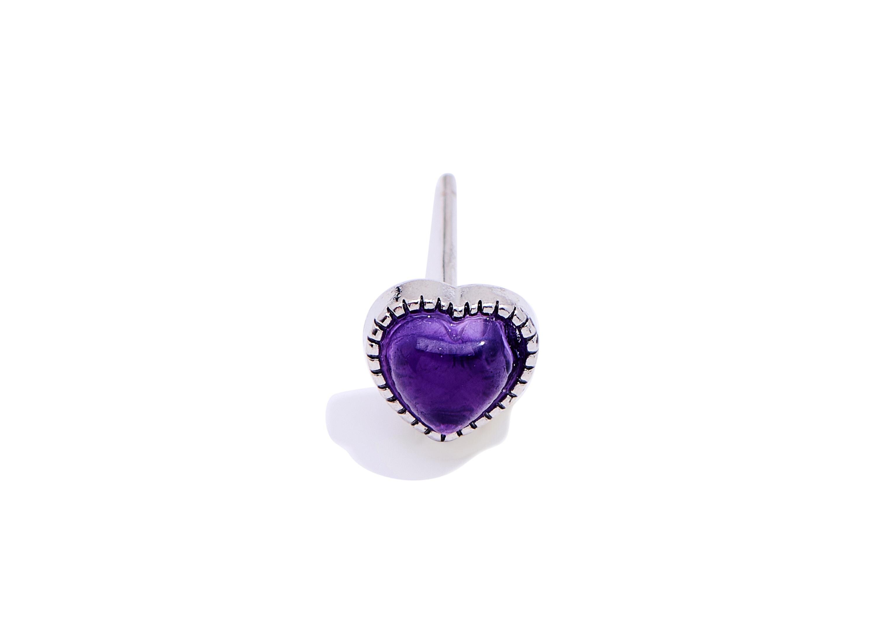 Amethyst Brass Heart Studs - Heart Natural Stone Earring Posts - Romantic Jewelry - Silver Stud - White K Plated - 6.82x6.44x4mm - NS2645 - DOMEDBAZAAR