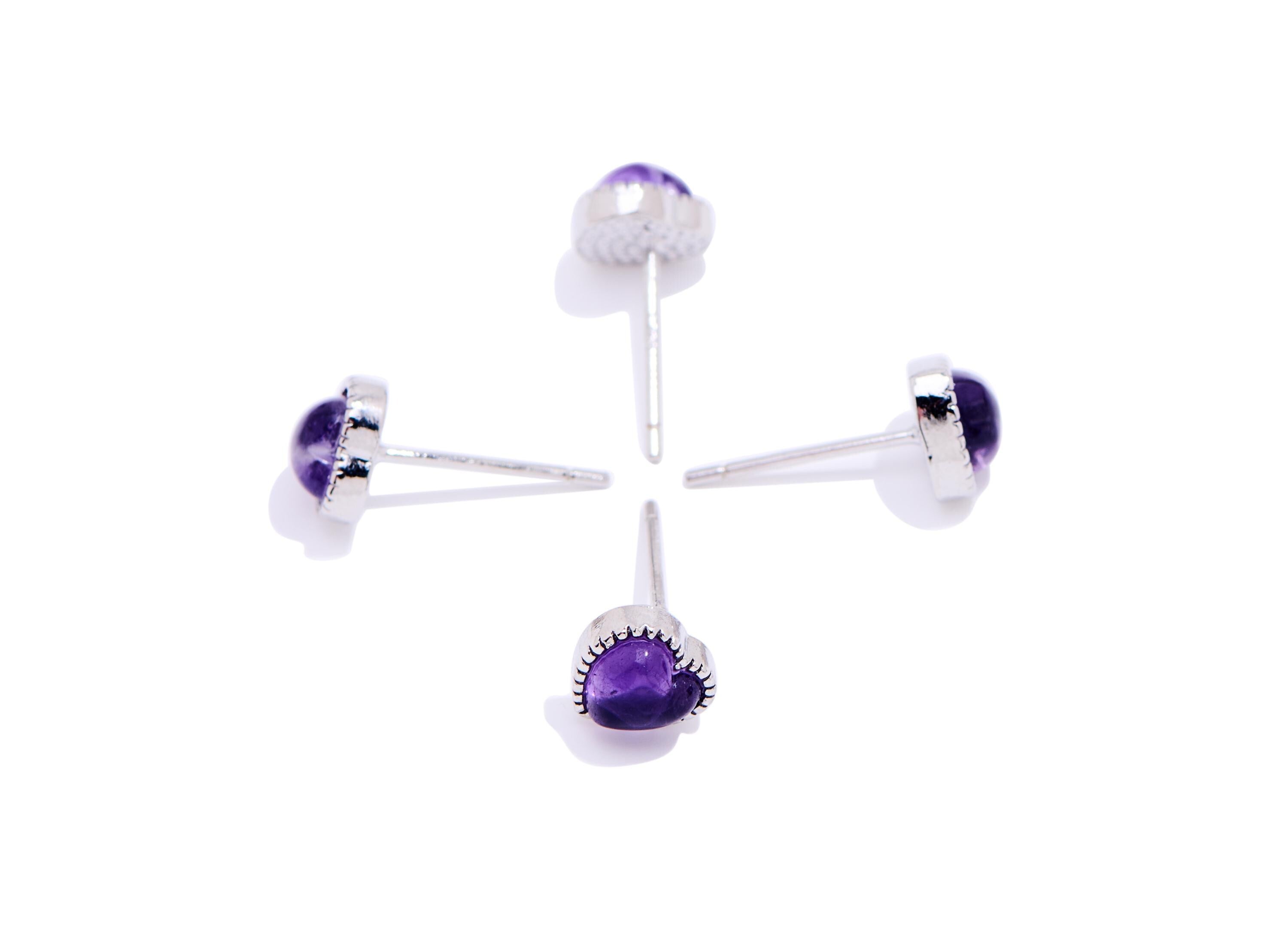 Amethyst Brass Heart Studs - Heart Natural Stone Earring Posts - Romantic Jewelry - Silver Stud - White K Plated - 6.82x6.44x4mm - NS2645 - DOMEDBAZAAR