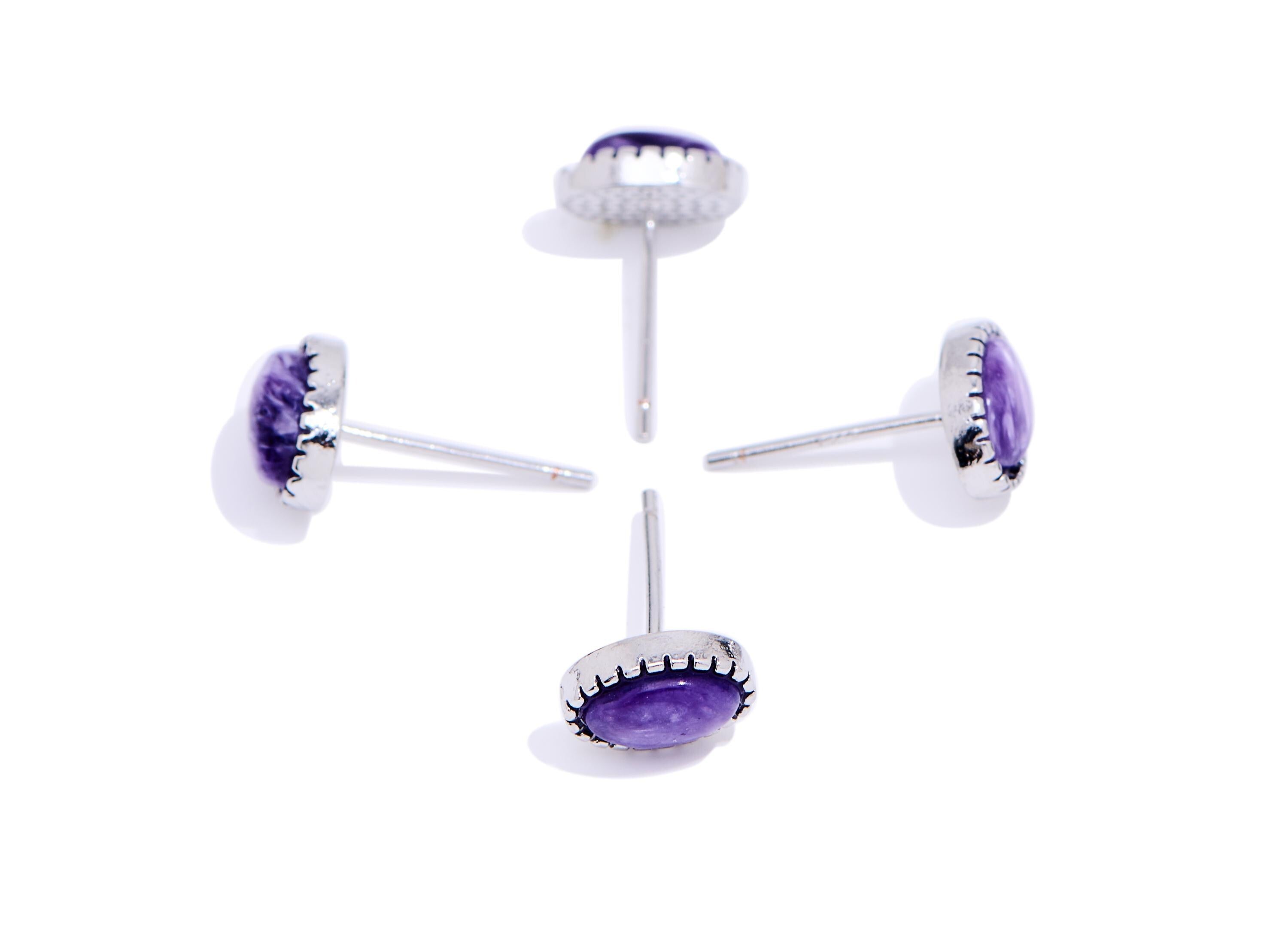 Charoite Brass Oval Earring Stud - Natural Gemstone Earring Post - Minimalist Jewelry - Silver Stud - White K Plated -8.35x6.4x3.54mm-NS2554 - DOMEDBAZAAR