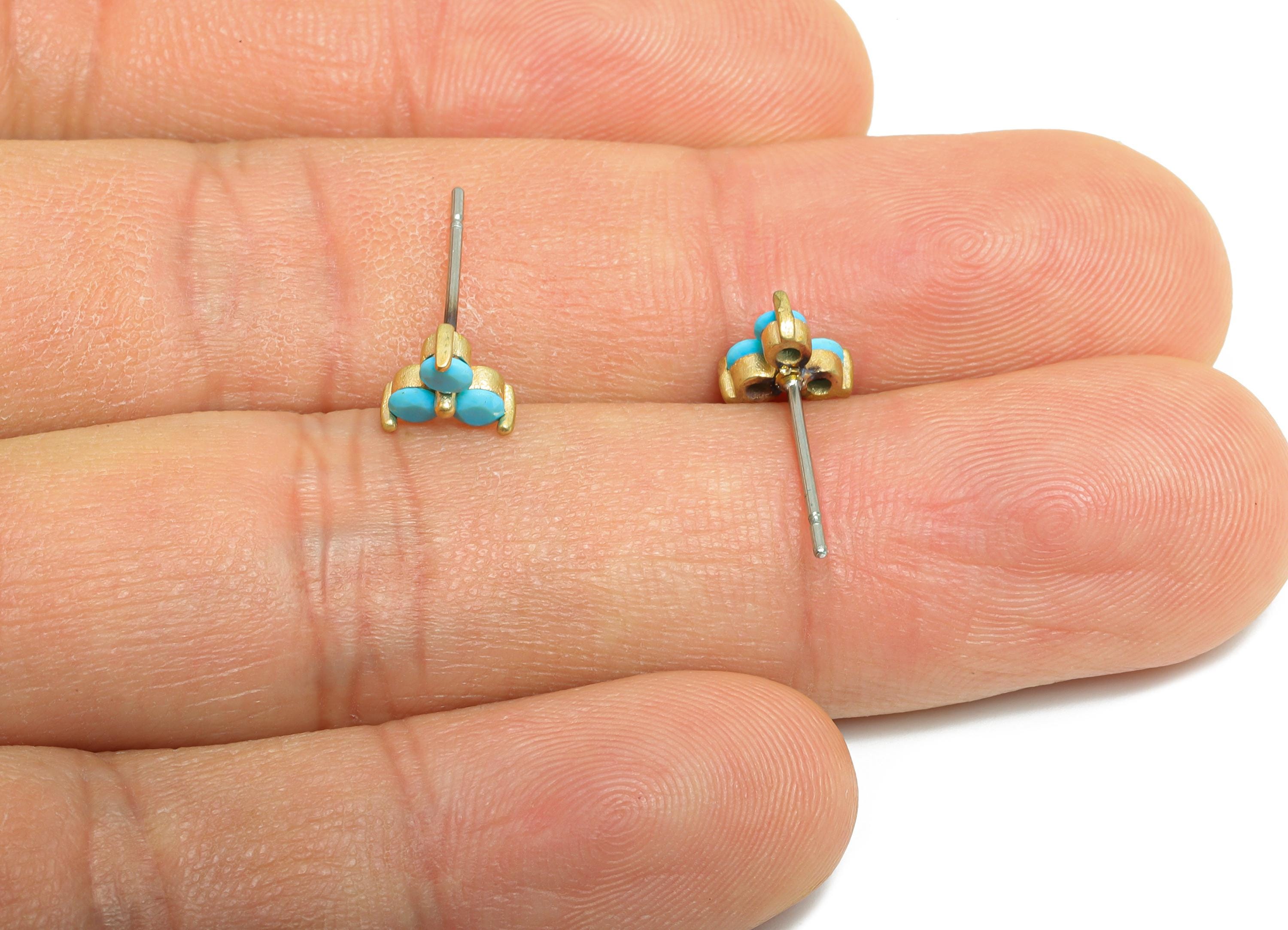 Blue Turquoise Earring - Raw Brass Boho Chic Earring - Dainty Gem Minimalist Earring Stud - Brass Triangle Tiny Earring - 6x6x3mm - PP11026 - DOMEDBAZAAR